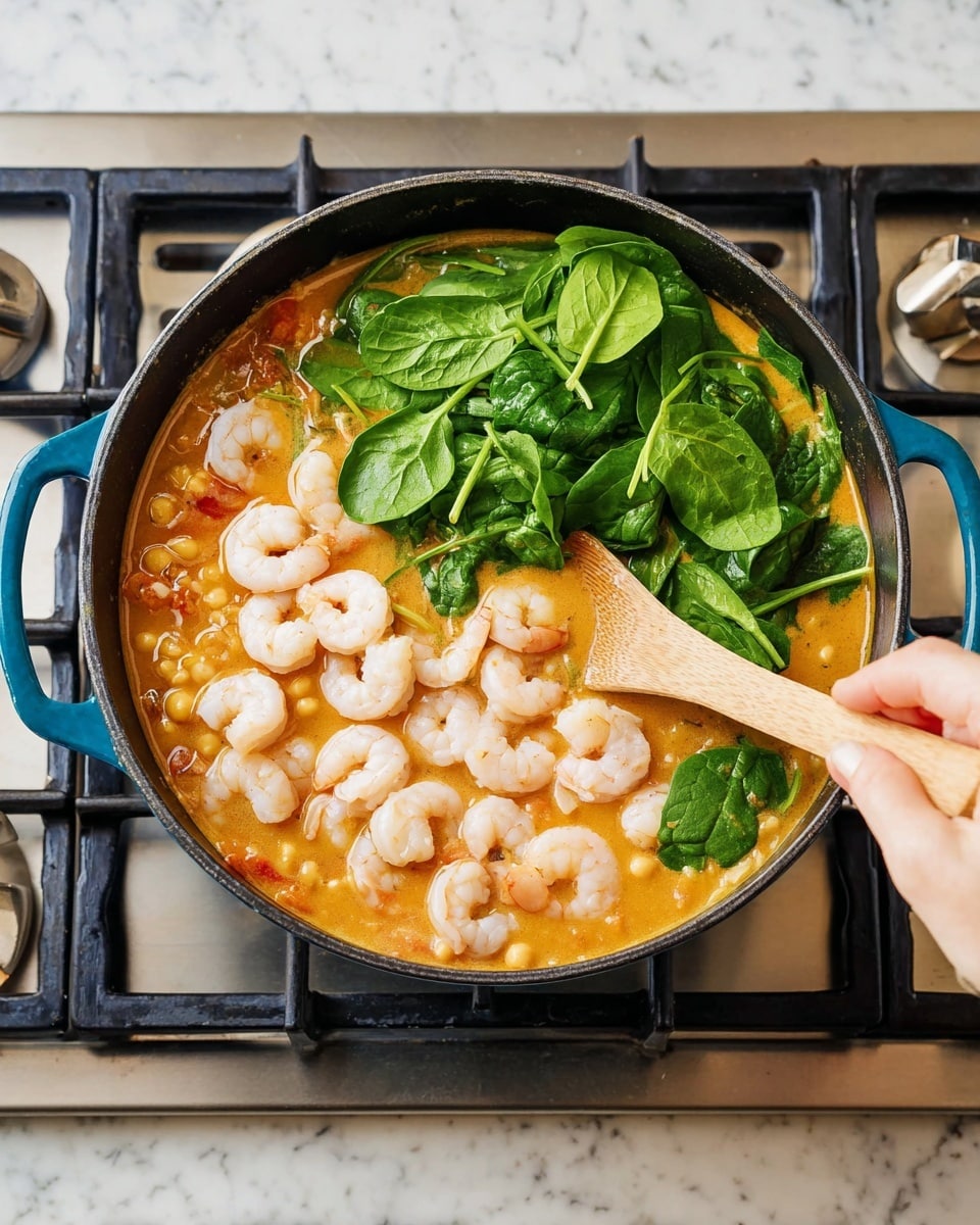 A blue cast iron pot sits on a stove with a creamy orange soup base filled with visible small diced vegetables like carrots and chickpeas. On top, there are plump raw shrimp in shades of white and light pink scattered mostly on one side. A layer of fresh bright green spinach leaves is placed over one side of the soup, some wilting slightly into the liquid. A woman's hand holds a wooden spoon stirring the ingredients gently, showing the mix of colors and textures in the pot. The background is a white marbled stove surface. photo taken with an iphone --ar 4:5 --v 7