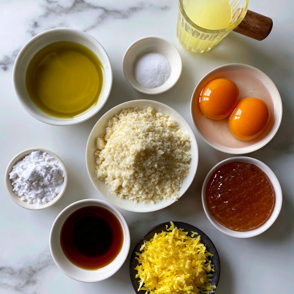 The image shows nine small white bowls placed on a white marbled surface, each filled with different baking ingredients. The largest bowl near the center holds a heap of pale almond flour with a slightly powdery texture. Above it to the left is a bowl with golden-yellow olive oil, smooth and shiny. To the right of almond flour, there is a bowl with two raw eggs, their bright orange yolks visible inside clear egg whites. Above this, a glass cup with a wooden handle contains lemon juice, pale yellow in color. In the top middle, a tiny bowl holds white baking soda, fine and powdery. To the left below the almond flour, another small bowl with white baking powder looks soft and powdery. Below the lemon juice and eggs are two more bowls; one filled with dark amber vanilla extract with a smooth surface, and another with thick, golden brown honey. Lastly, below the vanilla extract, there is a dark bowl filled with bright yellow lemon zest, finely shredded and textured. The photo taken with an iphone --ar 4:5 --v 7
