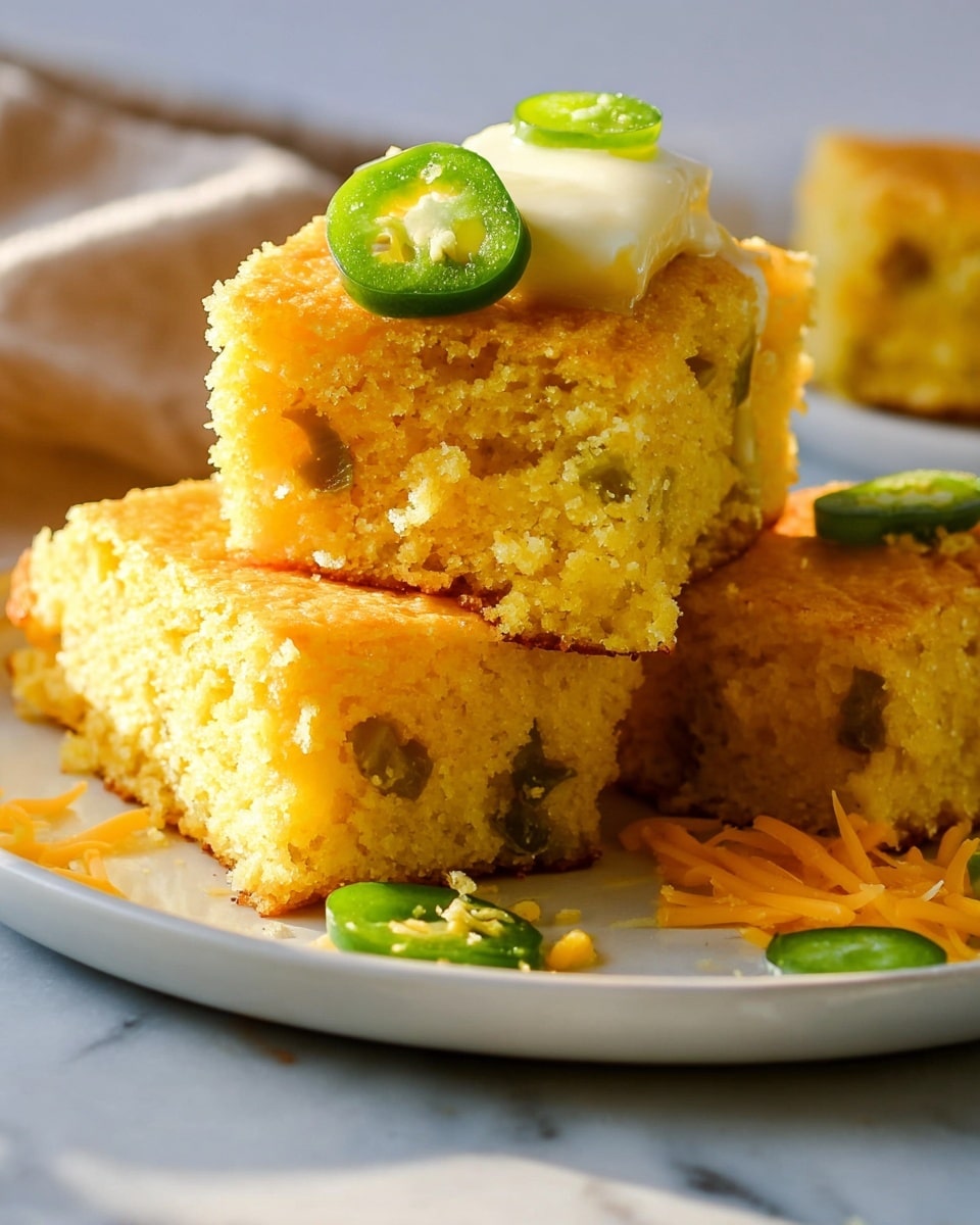 A white plate holds three pieces of yellow cornbread with visible green jalapeño slices baked inside and on top, stacked with two squares and one piece in front topped with a small dollop of melting butter and extra jalapeños. To the left on the plate are scattered shredded orange cheddar cheese pieces. In the background, a wooden bowl filled with shredded cheddar and a white bowl with pickled jalapeño slices can be seen, all set on a white marbled surface. A fork with a piece of cornbread is near the front piece of cornbread. Photo taken with an iphone --ar 4:5 --v 7