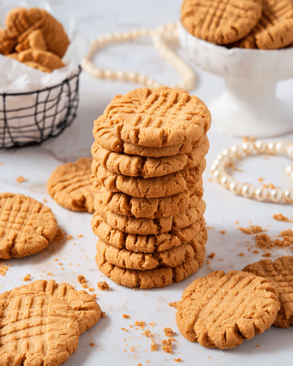 A tall stack of ten golden brown peanut butter cookies with a crisscross pattern on top is centered on a white marbled surface, surrounded by scattered cookie crumbs. Around the stack, there are several more peanut butter cookies lying flat, showing the same textured pattern. To the left, a wire basket with white paper holds more cookies, and on the right side, a white pedestal bowl is filled with more cookies. A white beaded necklace loops casually near the pedestal bowl. The image is bright with soft natural light highlighting the warm cookie colors, photo taken with an iphone --ar 4:5 --v 7