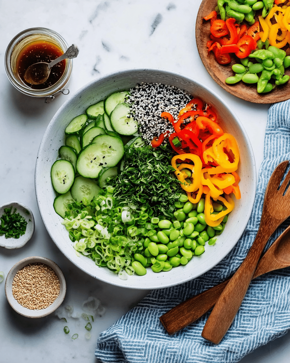 A white bowl sits on a white marbled surface, filled with fresh, colorful ingredients arranged in layers. On the left side, there are thinly sliced green cucumbers stacked in a neat pile. Next to them, there is a small mound of mixed black and white sesame seeds. Below the seeds, bright green chopped herbs form a small pile. Moving right, thinly sliced light green scallions are laid down, followed by a heap of whole green edamame beans on the upper right. At the bottom right, there are sliced yellow and red mini bell peppers arranged in a small arc. Near the bowl, a pair of wooden salad servers rest on the surface, with a small bowl of sesame seeds and a small jar of brown dressing nearby. A wooden plate with colorful mini bell peppers and green herbs sits in the upper right, and a blue and white striped cloth is on the lower right. photo taken with an iphone --ar 4:5 --v 7