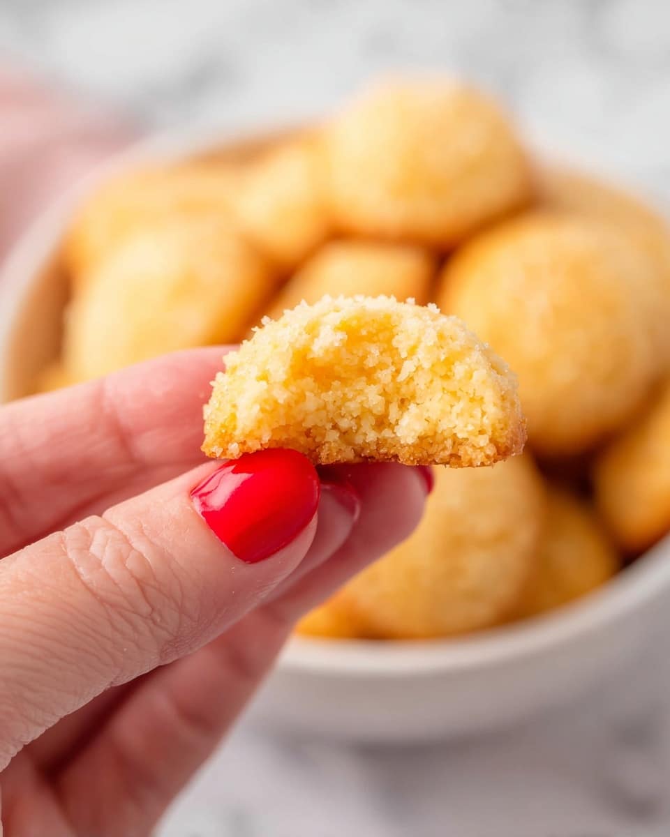 A close-up of a woman's hand with red nail polish holding a small, round, broken cookie showing its soft, crumbly inside texture. In the background, there is a white bowl filled with more of the same golden-yellow cookies, all slightly blurred to keep the focus on the cookie in the woman's hand. The scene is set on a white marbled surface. photo taken with an iphone --ar 4:5 --v 7