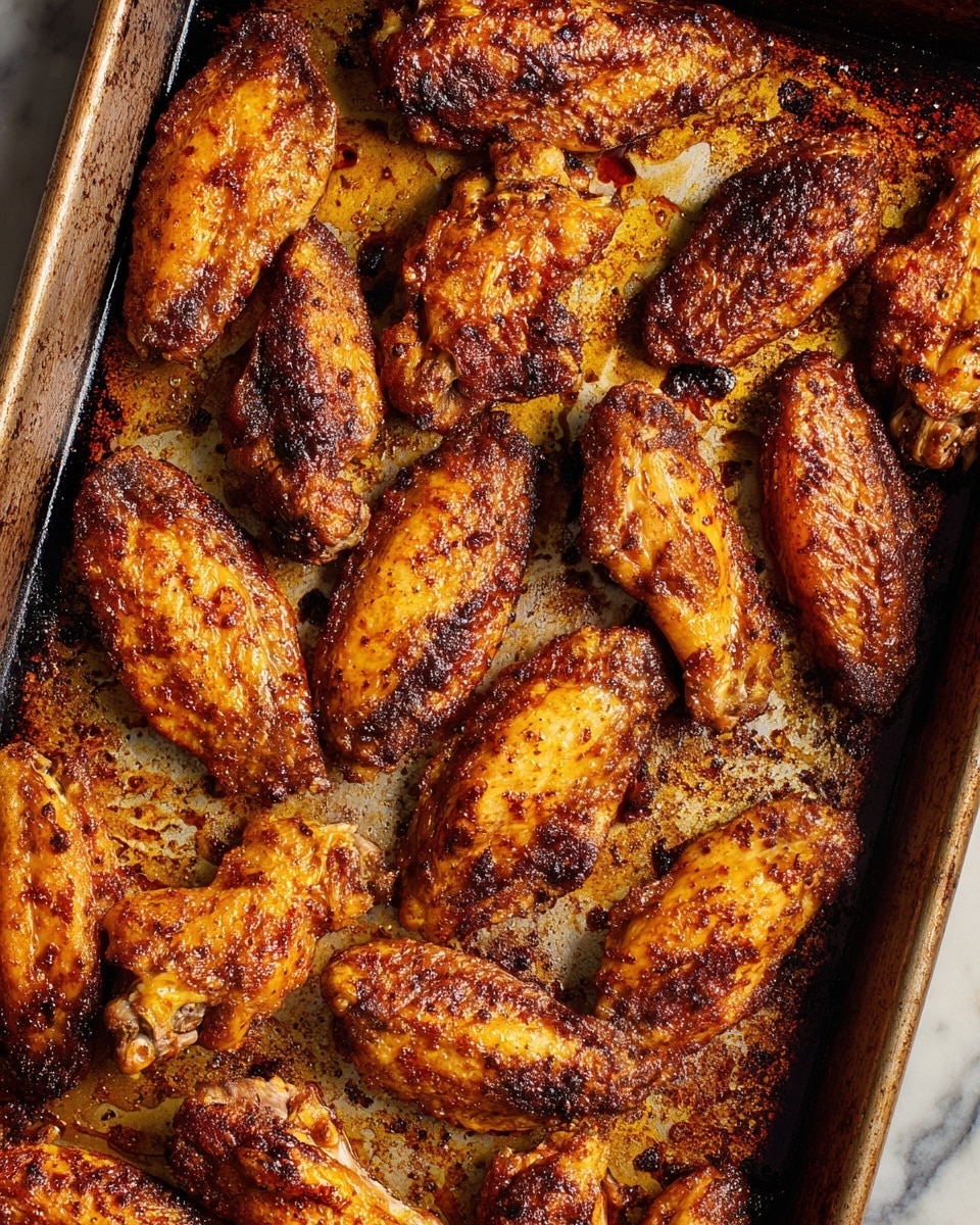 This image shows a baking tray filled with 20 golden-brown chicken wings cooked with a crispy, slightly charred texture. The wings are arranged close together, covering most of the tray’s surface, with small spots of dark seasoning and oil visible around them. The tray has browned edges, showing signs of cooking heat, and the wings have a rich, warm tone with a slightly oily shine. The background is a white marbled texture. Photo taken with an iphone --ar 4:5 --v 7