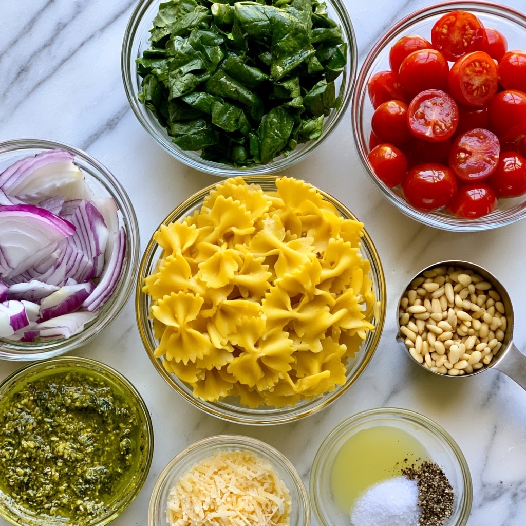 A top-down view shows several clear glass bowls on a white marbled surface, each filled with different pasta salad ingredients. In the center, a bowl holds bright yellow farfalle pasta with a smooth texture. Above it to the left is a bowl of chopped dark green spinach leaves with a slightly rough texture. To the right of the spinach, another bowl contains bright red halved grape tomatoes with a shiny surface. Below the tomatoes is a metal measuring spoon filled with small beige pine nuts. To the left of the pasta is a bowl of sliced red onions with white and purple layers. Below the onions is a bowl of green pesto sauce with a textured, slightly oily look. Near the bottom are smaller clear bowls holding grated parmesan cheese, pale yellow lemon juice, white salt, and ground black pepper, all on the same white marbled surface. photo taken with an iphone --ar 4:5 --v 7
