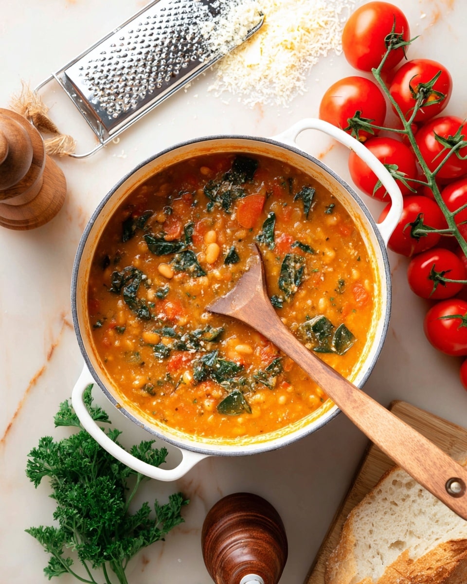 A white pot filled with thick orange soup containing small chunks of vegetables like carrots and beans, topped with scattered dark green leafy pieces, with a wooden spoon partially submerged on the right side. Surrounding the pot are a bunch of bright red tomatoes on the vine on the right, a white grater with grated white bits above the pot, a piece of golden brown bread to the right edge, fresh green parsley to the lower left, and a brown wooden pepper grinder near the bottom center, all set on a white marbled surface photo taken with an iphone --ar 4:5 --v 7