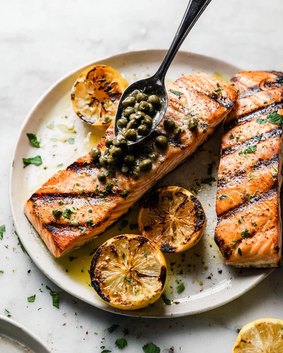 Two grilled salmon fillets with light pink color and dark grill marks are placed on a white plate sitting on a white marbled surface. The top salmon fillet is being topped with a spoonful of capers and chopped herbs held by a black spoon. Around the salmon, there are two halves of a grilled lemon, showing charred dark lines. Small bits of green herbs are sprinkled over the salmon and plate for decoration. Photo taken with an iphone --ar 4:5 --v 7