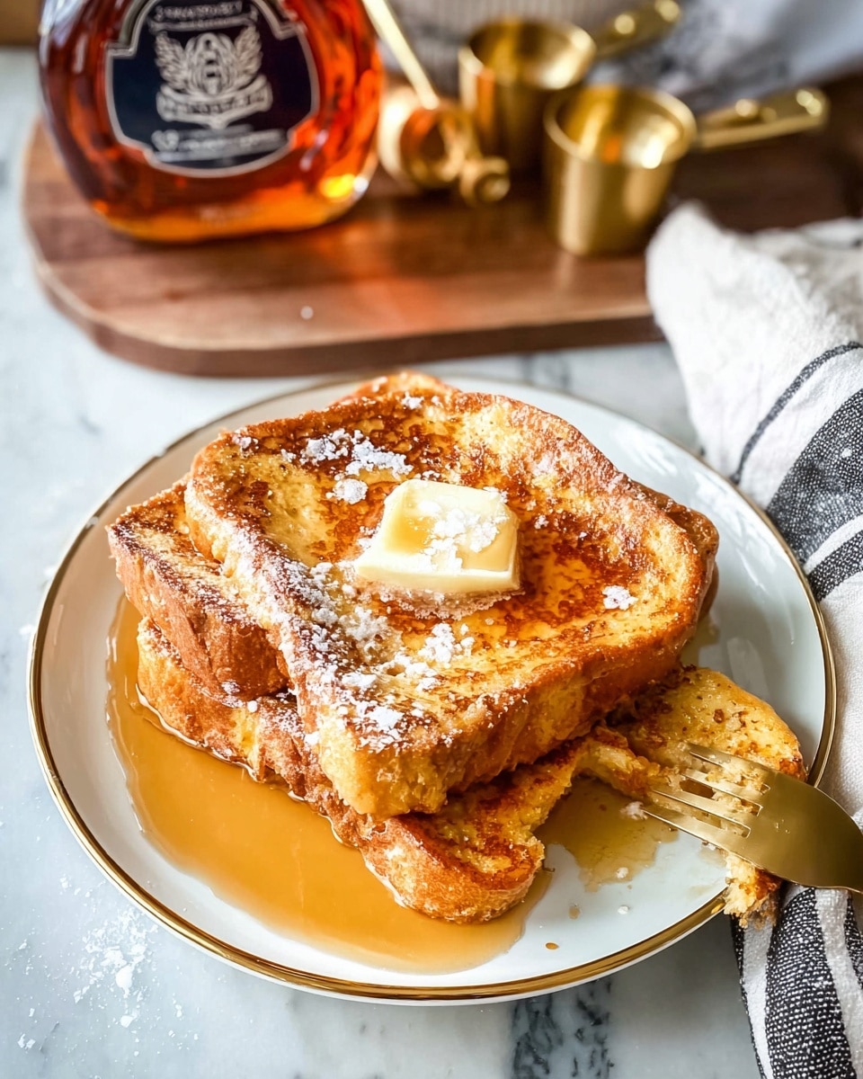 Two thick slices of golden brown French toast sit stacked slightly on a white plate with a thin gold rim, each slice topped with small melting pats of butter and a light sprinkle of powdered sugar. Amber maple syrup pools underneath the toast, with some syrup soaking into the bread edges. A golden fork holds a piece of toast on the right side of the plate. In the background, there is a large bottle of maple syrup and a set of three gold measuring cups resting on a white marbled surface. A folded white cloth with black stripes lies nearby. Photo taken with an iphone --ar 4:5 --v 7