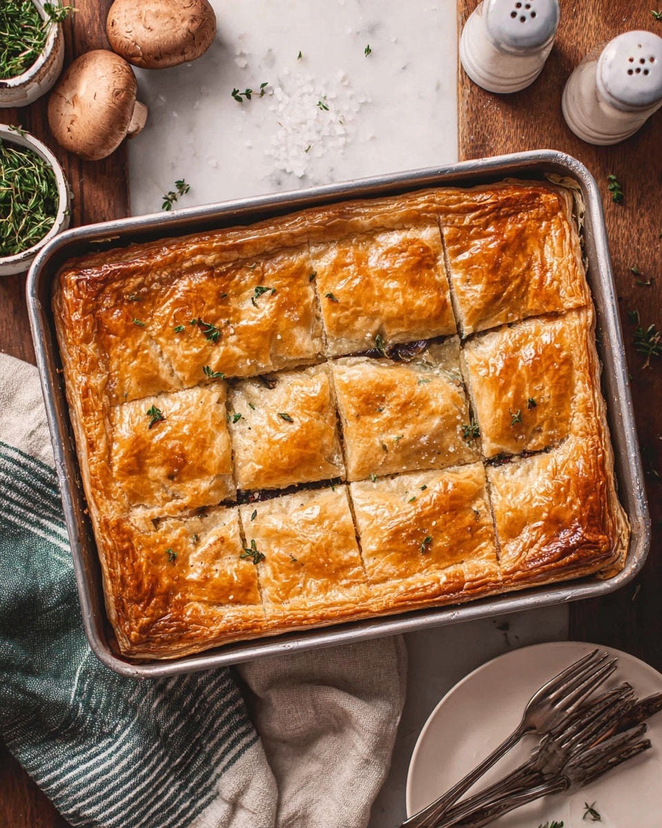 A rectangular golden-brown pie with a shiny, flaky top crust sits in a metal baking pan on a white marbled surface. The pie is cut into eight uneven pieces, showing a dark filling layer just beneath the crust. Small green herbs are scattered over the top, along with coarse salt crystals that add texture. Around the pan, there are two whole brown mushrooms, a white plate with three forks, a small white dish with green herbs, white and green kitchen towels, and a salt shaker. The scene has a warm, rustic feel with soft natural lighting. photo taken with an iphone --ar 4:5 --v 7