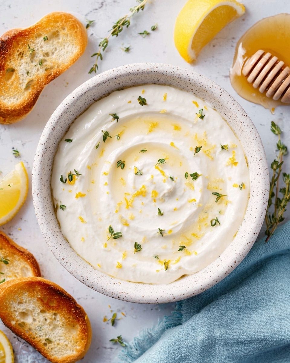 A white speckled bowl filled with a smooth, creamy white dip swirled gently on top with a light drizzle of golden honey. Small green thyme leaves and tiny lemon zest pieces are scattered evenly across the dip's surface. The bowl sits on a white marbled texture background, surrounded by toasted slices of bread, lemon wedges, green thyme sprigs, and a honey dipper with honey pooled beneath it. A light blue cloth peeks in from the bottom right corner of the image. Photo taken with an iphone --ar 4:5 --v 7