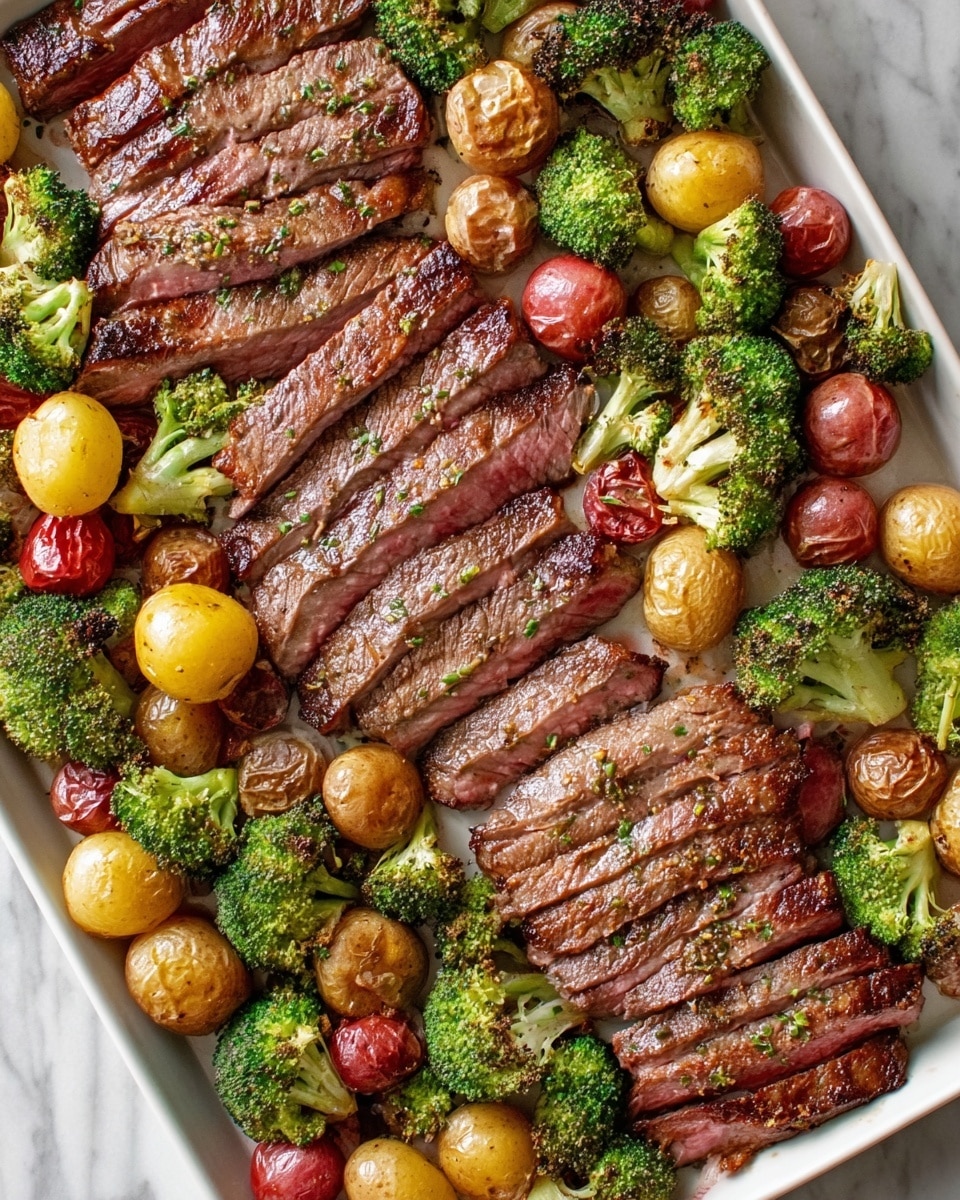 A white tray filled with three sections of sliced cooked steak arranged side by side, each steak showing pinkish brown inside and a seared outer edge with a slightly shiny texture. Scattered around and between the steak slices are small roasted broccoli florets with a slightly charred green and darkened texture, along with small round red and yellow potatoes that have a roasted, smooth skin with some parts slightly wrinkled. The whole scene is laid out on a white marbled surface. photo taken with an iphone --ar 4:5 --v 7