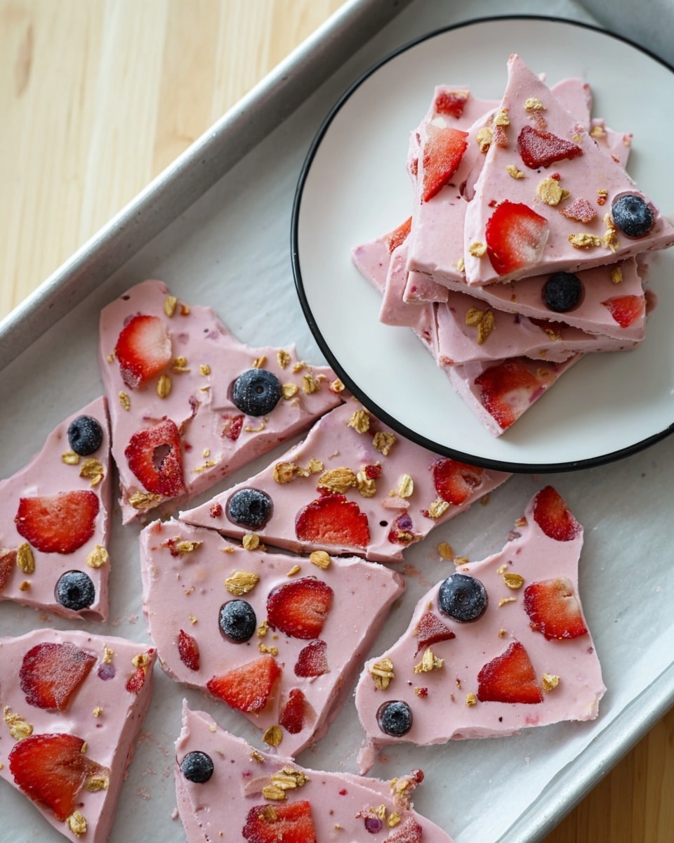 This image shows a batch of pink frozen yogurt bark broken into irregular shards, each piece decorated with layers of embedded red strawberry slices, blue blueberries, and small clusters of granola, spread out on a white baking tray lined with parchment paper resting on a white marbled surface and a light wooden table. A white plate with a black rim sits beside the tray, holding a stack of these shards. The texture looks smooth but firm, with the fruit and granola embedded deeply and evenly across the single layer of yogurt bark. The photo gives a fresh, homemade feel, with soft natural lighting highlighting the varied colors on the pale pink base. Photo taken with an iphone --ar 4:5 --v 7