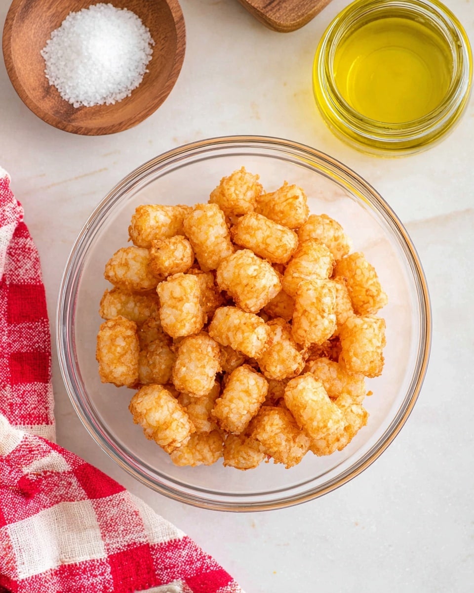 A clear glass bowl filled with a pile of small, golden-brown crispy tater tots with a rough texture, placed on a white marbled surface. Above the bowl, to the top left, a small round wooden bowl contains white salt, and to the top right, there is a clear glass jar filled with a light yellow liquid, likely oil. A red and white checkered cloth is partly visible folded on the left side. The overall setting is clean and bright. photo taken with an iphone --ar 4:5 --v 7