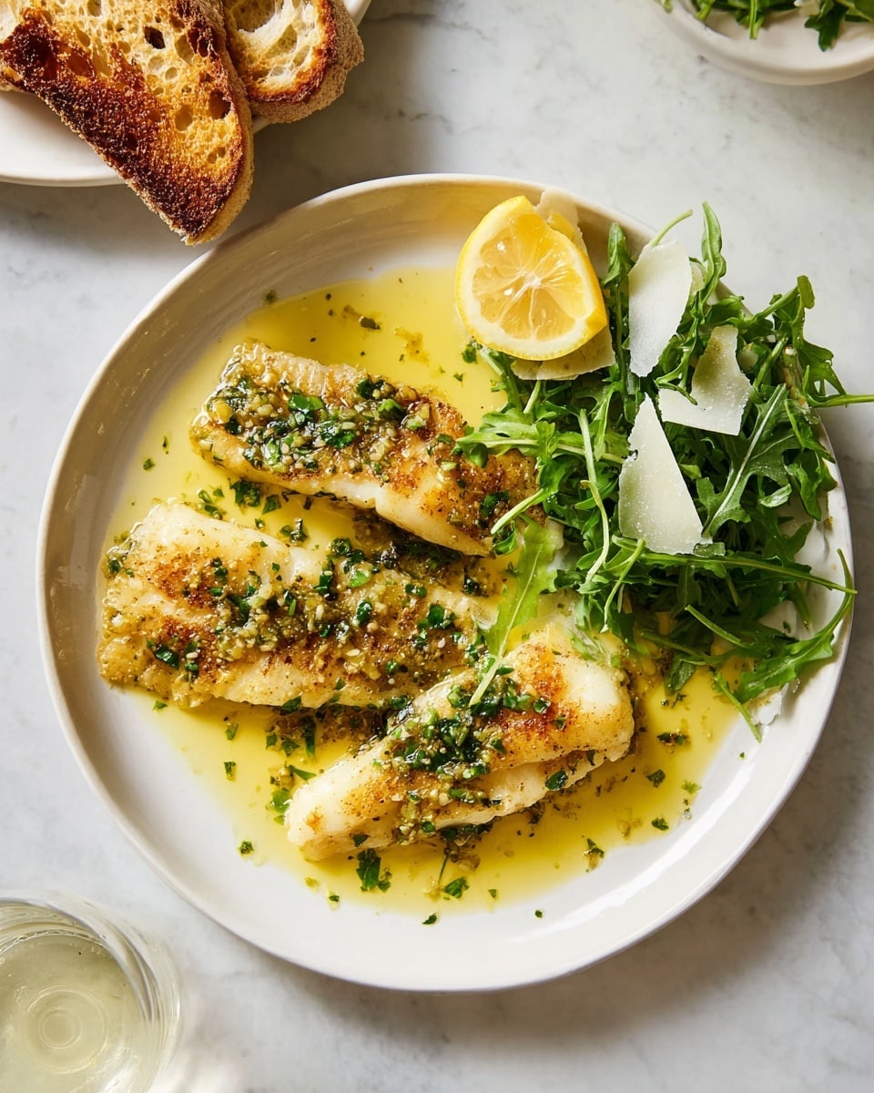 The image shows a white round plate filled with three golden-brown fish fillets arranged side by side, lightly seasoned with chopped green herbs and small bits of garlic scattered on top. The fillets rest in a bright yellow sauce, covering the plate’s bottom. Around the fish, there are four lemon wedges placed at the edges, adding a fresh yellow color contrast. The plate sits on a white marbled surface with soft shadows, and parts of clear glass cups and stacked white plates are visible around the main dish. Photo taken with an iphone --ar 4:5 --v 7