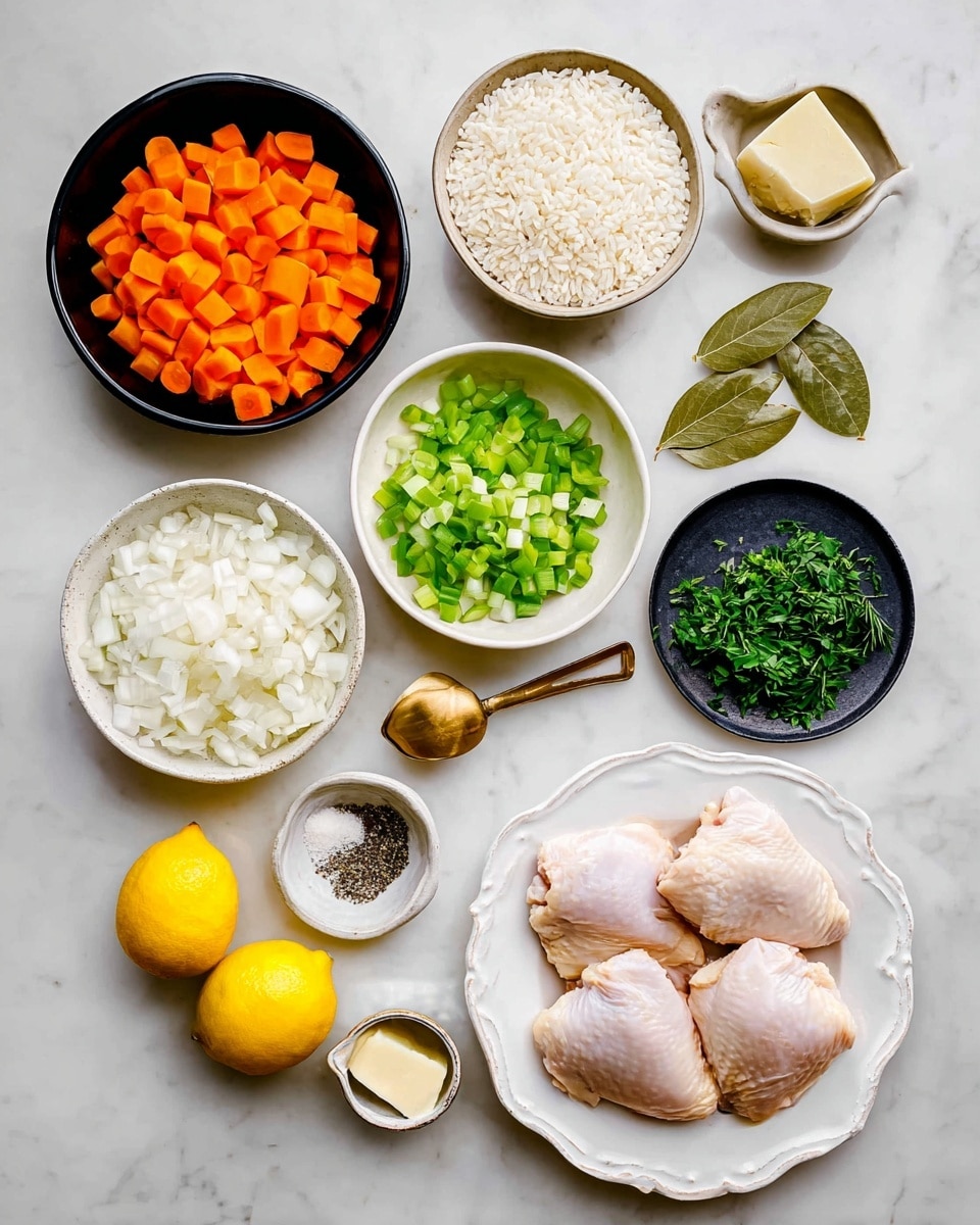 A set of fresh cooking ingredients is arranged on a white marbled surface. At the bottom right, three raw chicken pieces sit on a white plate with scalloped edges. Above it, a black bowl holds chopped bright orange carrots. To the left of the carrots, a white scalloped bowl contains diced green celery. In the center, a white bowl is filled with chopped white onions. Above the onions, a small white bowl holds two bay leaves. Next to it on the right, a small white plate has bright green fresh herbs like parsley and dill. To the left of the onions, a brass measuring cup with a wooden handle is filled with white rice. Above it, a small black plate has three garlic cloves. Above the garlic, a small white bowl contains ground black pepper. At the bottom left, a white plate with a small piece of pale yellow butter sits next to halved bright yellow lemons. Next to the lemons, a small black bowl holds coarse white salt. Photo taken with an iphone --ar 4:5 --v 7