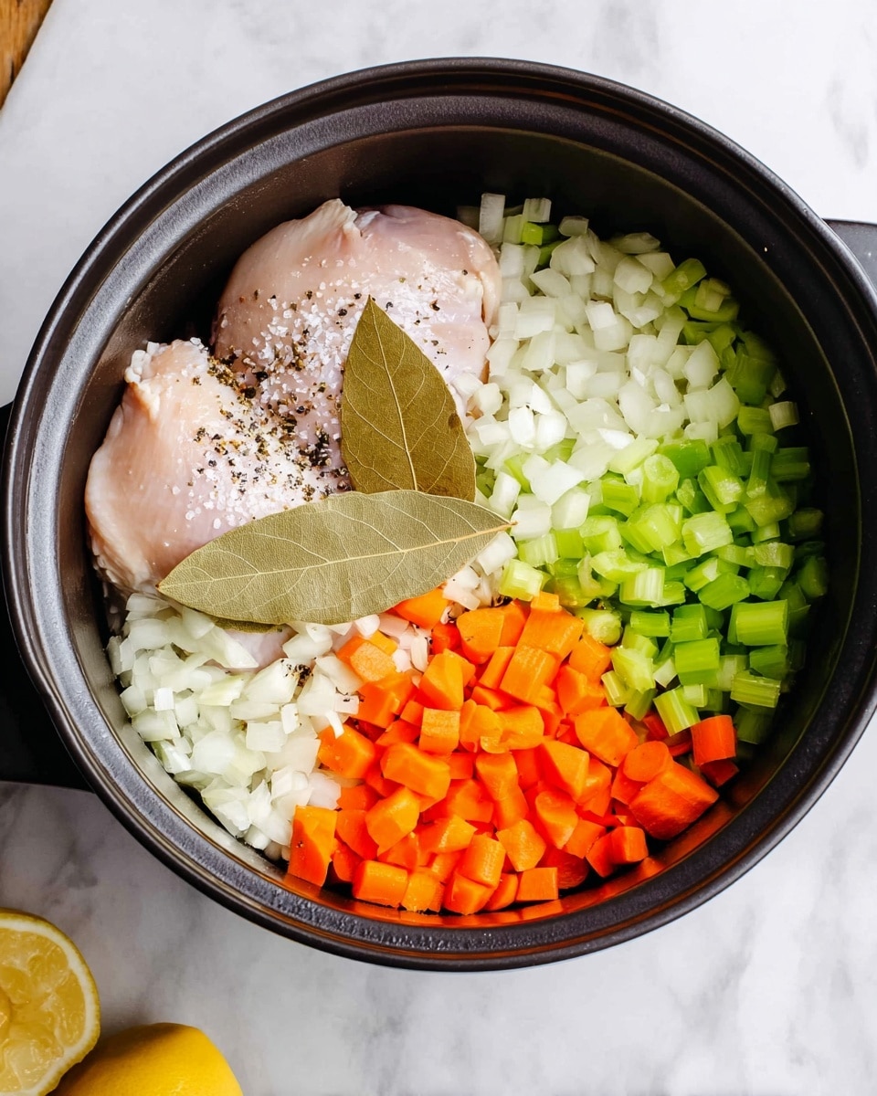 A black pot contains two raw light pink chicken pieces on the bottom left side with black pepper and white salt sprinkled on one piece. Two large brown bay leaves lay on top of the chicken. To the right and above, there is a bright orange layer of chopped carrots followed by a bright green layer of chopped celery next to the carrots. The bottom right and left corners show a large layer of white chopped onions with some chopped garlic near the bottom left edge. The pot sits on a white marbled surface with a lemon half cut visible at the bottom left corner. Photo taken with an iphone --ar 4:5 --v 7