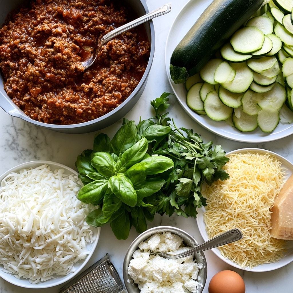 A round gray pan filled with brown ground beef pasta sauce with a silver spoon inside, placed on a white marbled surface. To the right, a white plate holds a whole dark green zucchini and many thin, pale green zucchini slices. Below the zucchini plate, there's a bunch of fresh bright green basil and flat parsley leaves. To the left of the greens, a white plate is heaped with shredded white mozzarella cheese, and to the right, another white plate contains pale yellow shredded Parmesan cheese with a small block of Parmesan next to it. At the bottom, a silver container holds crumbly white ricotta cheese with a silver spoon in it, next to a metal grater and a brown egg. Photo taken with an iphone --ar 4:5 --v 7