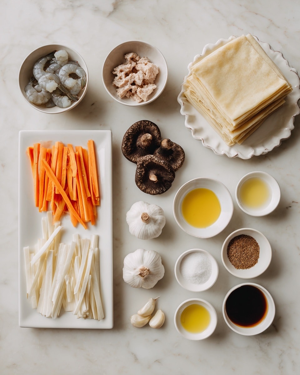 A collection of ingredients for making spring rolls is displayed on a white marbled surface. At the top right, a stack of square, light beige spring roll wrappers rests on a white plate with scalloped edges. To the left, two small white bowls hold raw shrimp with a grayish color and ground chicken meat in a pale pink shade. Below them, two dark brown dried shiitake mushrooms sit directly on the surface. In the middle, a white rectangular plate carries two piles of thin julienned vegetables: bright orange carrot sticks on the left and white yam bean sticks on the right. Scattered on the bottom left are two cloves of garlic. Moving right from the garlic, there are small white serving dishes with pale yellow oil, dark brown oyster sauce, and brown chicken stock granules. Lastly, three small white bowls hold white salt and white pepper, white cornstarch, and white flour. The composition is neat and organized with each ingredient clearly visible. Photo taken with an iphone --ar 4:5 --v 7