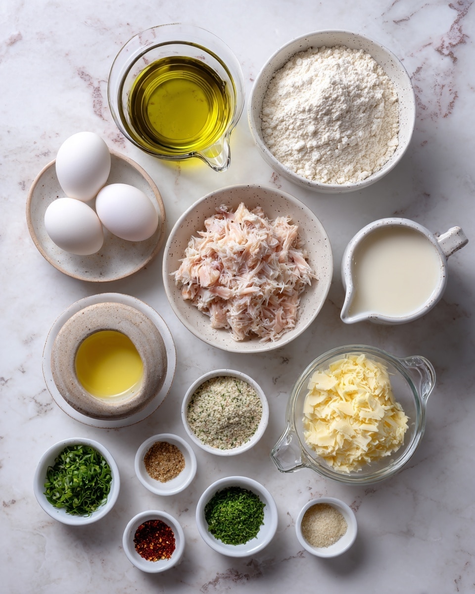 The image shows various cooking ingredients neatly arranged on a white marbled surface. There are two white eggs in a small white bowl with speckles, a glass measuring cup filled with greenish-yellow olive oil placed at the top left, and a small white bowl with white flour next to it. Nearby, a round white bowl holds light pink shredded fish, and in front of it, a white bowl filled with light brown breadcrumbs sits. To the right, a small white pitcher contains melted yellow butter, and a small transparent bowl holds finely chopped green herbs. There are other small white bowls and dishes filled with red spice powder, light yellow mustard, finely chopped shallots, white flour, black pepper, and some pale yellow chopped butter. A glass measuring jug with light cream-colored milk completes the setup on the right side. Photo taken with an iphone --ar 4:5 --v 7