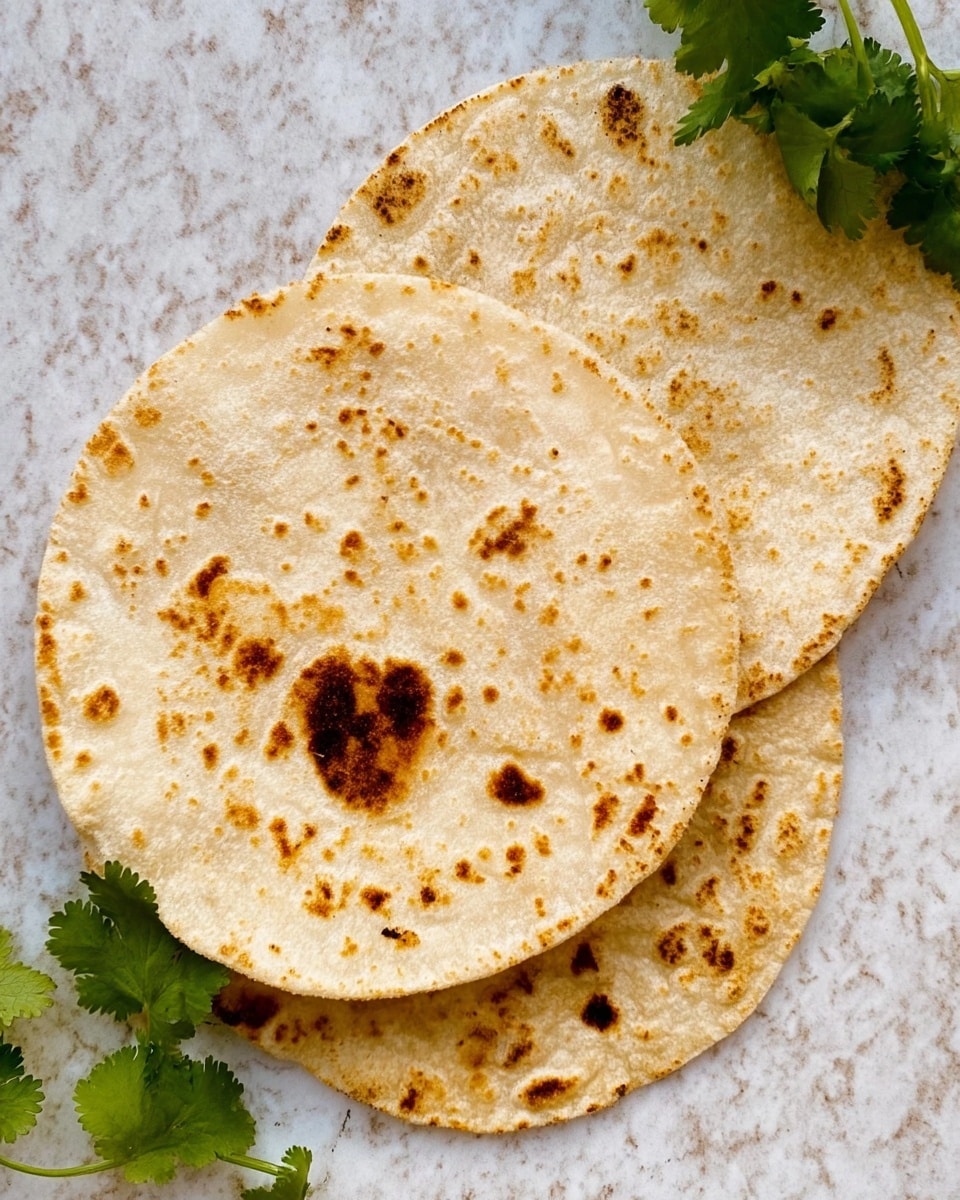 The image shows three round, thin tortillas laid flat on a white marbled surface. The tortillas have a light beige color with some darker brown spots from cooking, giving them a slightly toasted look. The top tortilla in the center has a prominent darker brown mark. Fresh green cilantro leaves are placed near the tortillas at the top and bottom of the frame, adding a touch of bright green color to the scene. The overall setup is simple, focusing on the texture and color contrast between the tortillas and the marbled background. photo taken with an iphone --ar 4:5 --v 7