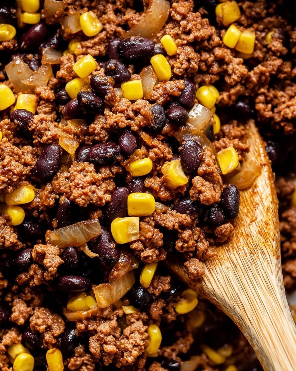 A close-up view of a cooked mixture with three main layers: a base layer of brown ground meat with a crumbly texture, scattered with medium yellow corn kernels and black beans, and translucent cooked onion pieces that add light brown and off-white tones. A wooden spoon with a smooth texture is partially visible on the right side, blending into the mixture. The entire scene is set against a white marbled texture background. photo taken with an iphone --ar 4:5 --v 7