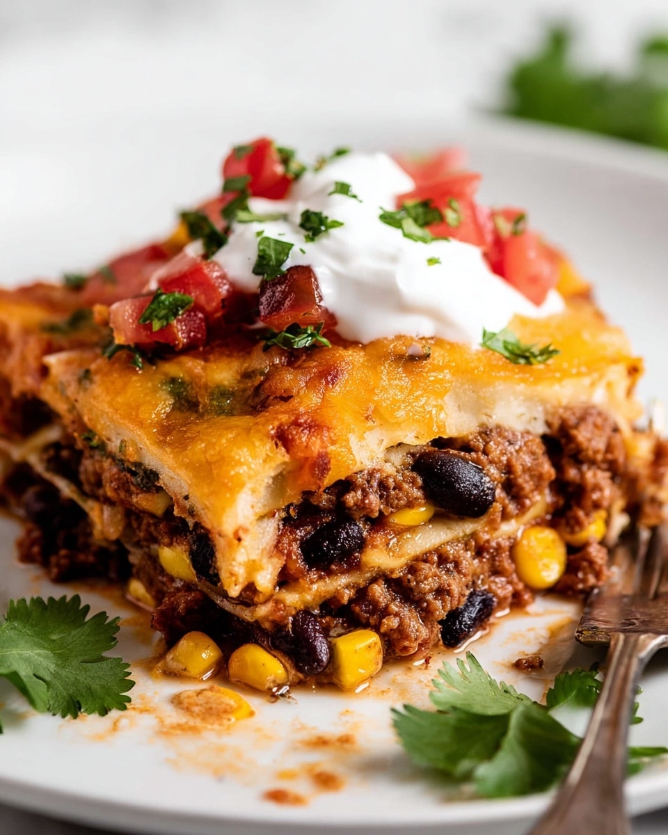 A close-up view of a three-layered slice of lasagna on a white plate, placed on a white marbled surface. The bottom layer shows finely cooked ground meat mixed with black beans and yellow corn kernels, textured and slightly moist. The middle layer consists of a creamy, melted cheese with orange tones, sprinkled with bits of tomatoes and herbs. The top layer is a slightly browned, bubbly cheese sauce with pieces of red tomatoes and fresh green parsley scattered around. A dollop of white sour cream with small flecks of chopped green herbs sits on top, adding contrast. A silver fork rests beside the lasagna with some crumbs around. Fresh green cilantro leaves are placed near the plate edge. Photo taken with an iphone --ar 4:5 --v 7