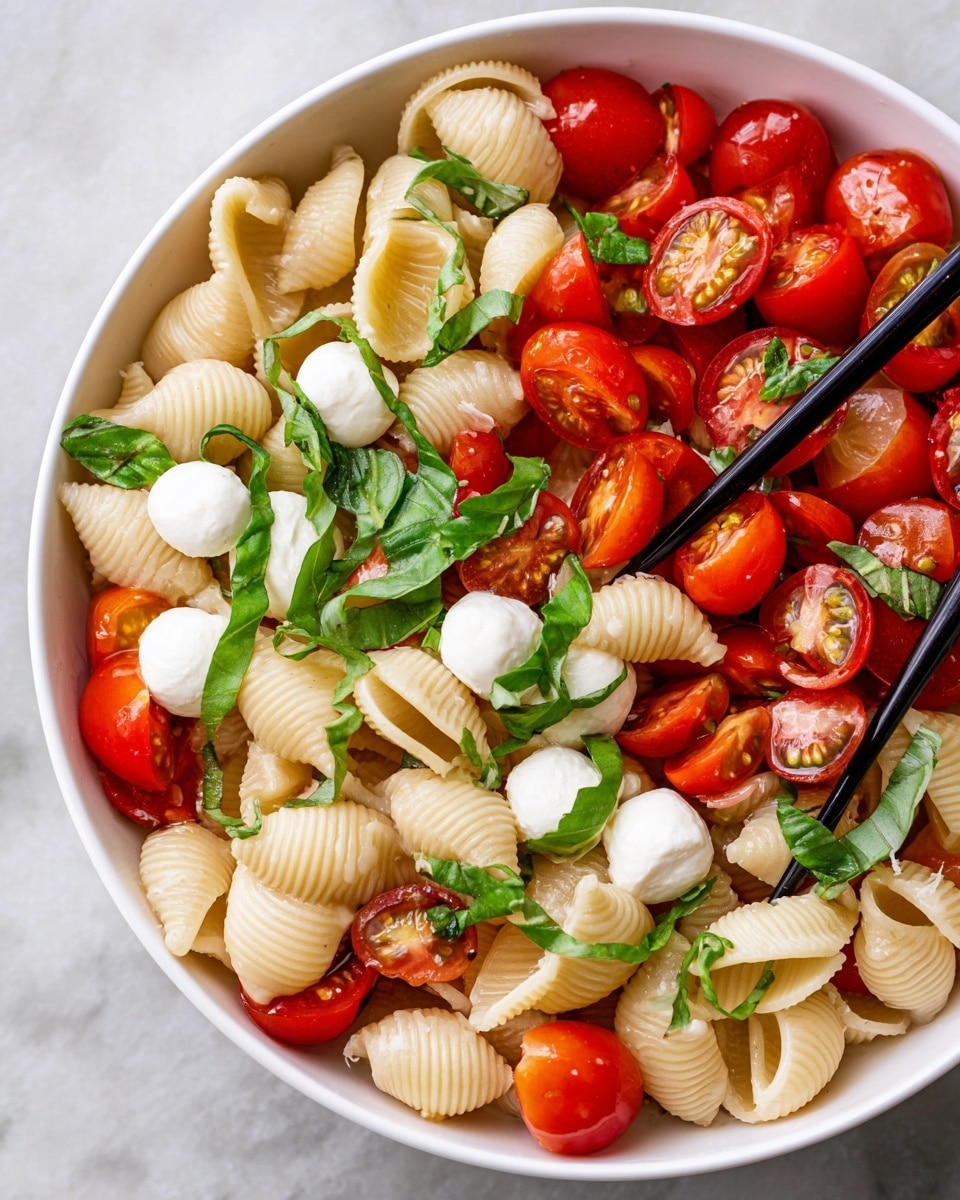 A white bowl filled with a fresh pasta salad, showing three main layers: the bottom layer is light yellow pasta shells, the middle layer has halved bright red cherry tomatoes scattered evenly, and the top layer includes small white mozzarella balls and torn green basil leaves spread across. Two black chopsticks rest on the edge of the bowl. The bowl sits on a white marbled surface. photo taken with an iphone --ar 4:5 --v 7