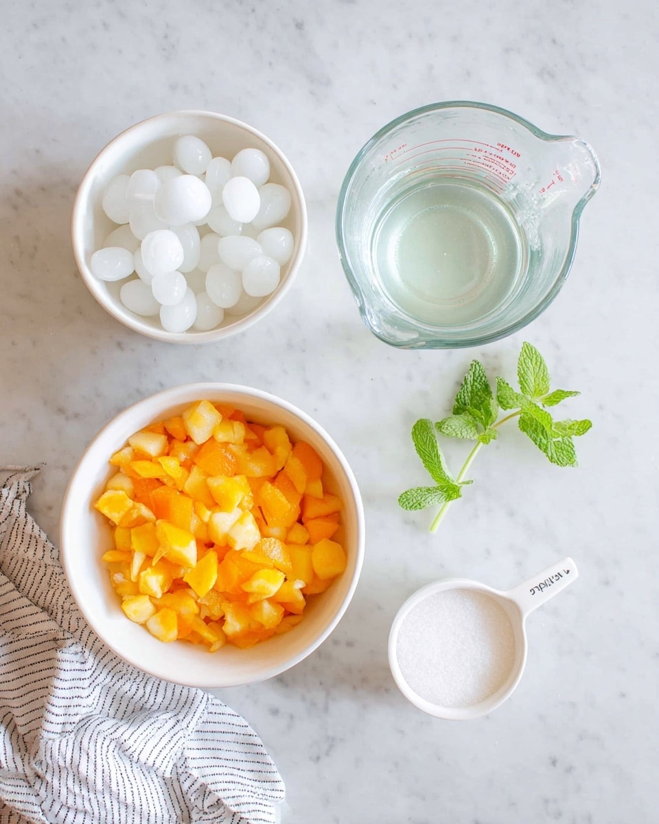 The image shows four main items placed on a white marbled surface. In the bottom left, there is a white bowl filled with chopped orange and yellow fruit pieces. Above it, near the top left, is a white bowl containing many round, white ice cubes. To the right of the ice bowl, there is a clear glass measuring cup with a small amount of clear liquid inside. Near the bottom right corner, there is a white measuring cup labeled as 1 cup filled with white granulated sugar. Near the top center, a fresh green mint sprig lies on the surface. A white and gray striped cloth is partially visible under the fruit bowl. Photo taken with an iphone --ar 4:5 --v 7