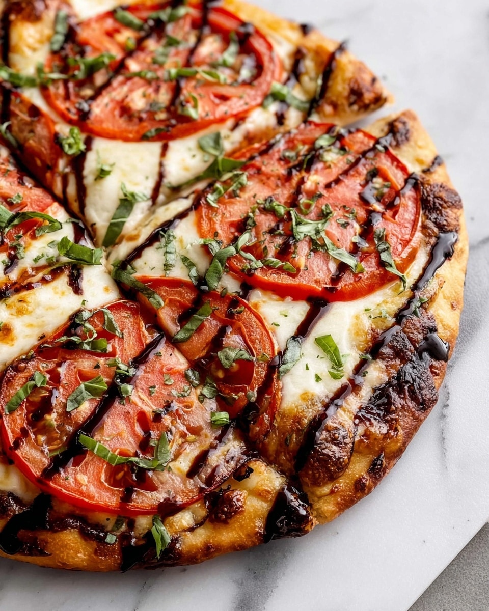 A round pizza with a golden-brown crust topped with melted white cheese showing some browned spots, large red tomato slices, and fresh green basil leaves spread evenly on top. The pizza has dark brown balsamic glaze drizzled across it, adding contrast to the colors. Near the pizza, there are two small white bowls placed on a white marbled surface; one bowl contains dark balsamic glaze and the other has chopped green herbs. The photo taken with an iphone --ar 4:5 --v 7
