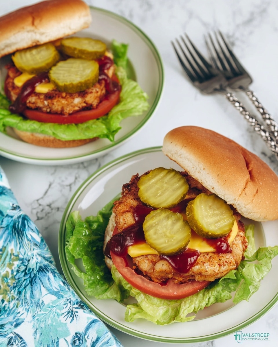 The image shows two open chicken sandwiches on white plates with green rims, placed on a white marbled surface. Each sandwich has four layers starting from the bottom: a leaf of green lettuce, a tomato slice, a cooked chicken patty with a slightly crispy outside, a drizzle of dark red sauce and yellow mustard, and several round green pickle slices on top. The top half of the sandwich bun, light beige in color, is resting just behind the chicken patty on one sandwich, while the other sandwich is fully assembled. A folded blue and white patterned cloth napkin and two silver forks with twisted handles are placed beside the plates. Photo taken with an iphone --ar 4:5 --v 7