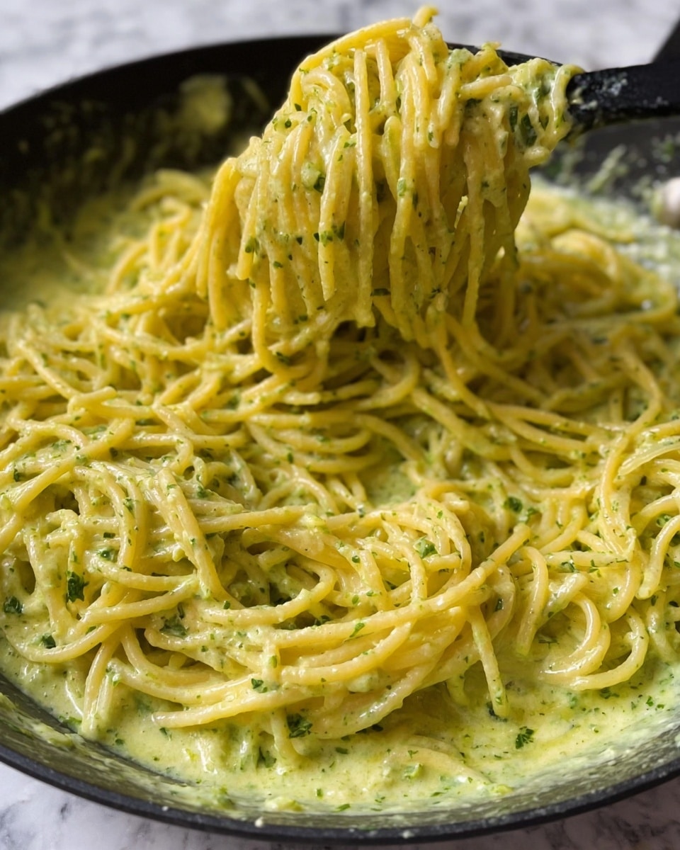 The image shows a close-up of yellow spaghetti coated in a pale green creamy sauce, mixed in a black pan. The sauce has a smooth texture with small green herb specks evenly spread throughout. The spaghetti strands are thick and well-covered by the sauce, giving a rich, velvety look. A black utensil is lifting a tangle of spaghetti in the upper right area, showing the noodles’ soft, smooth surface and the thick sauce clinging to them. The background features a white marbled texture. photo taken with an iphone --ar 4:5 --v 7