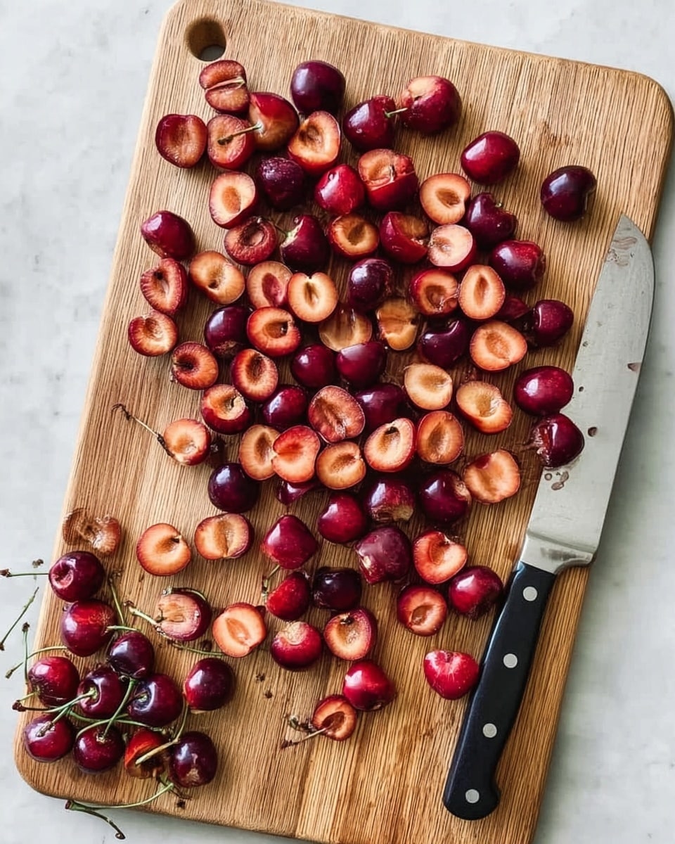 A wooden cutting board filled with many dark red cherries cut in half, showing their yellowish-red inside, scattered across the board. Some cherry pits and stems are gathered in a small pile at the bottom left corner. A stainless steel knife with a black handle lies diagonally on the right side of the board. The cutting board is placed on a white marbled surface. Photo taken with an iphone --ar 4:5 --v 7