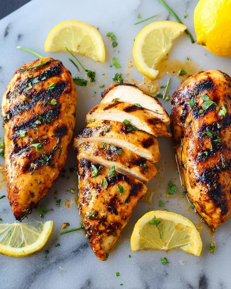 Three grilled chicken pieces with a shiny, slightly charred orange-brown surface are placed side by side on a white plate. The chicken pieces are sprinkled with small green herb leaves. Around and between the chicken, there are thin yellow lemon slices adding fresh color. The plate sits on a white marbled surface. The whole dish looks juicy and fresh. photo taken with an iphone --ar 4:5 --v 7