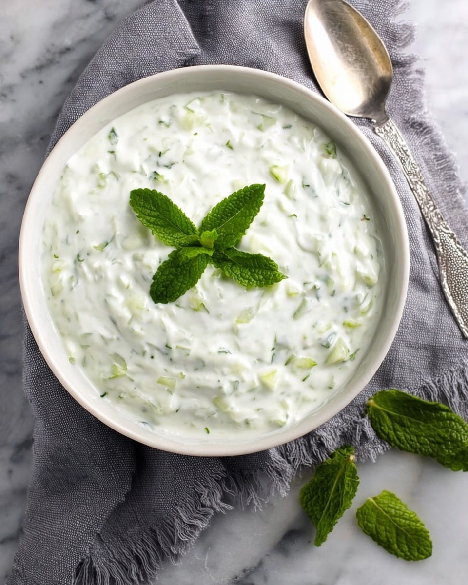 A white bowl filled with a creamy, thick white yogurt sauce mixed with small bits of green herbs and cucumber throughout, giving it a textured look. On top, there are three fresh bright green mint leaves placed neatly in the center as decoration. The bowl sits on a gray textured cloth, with a silver spoon nearby on the right and a few fresh mint leaves beside it. The background is a white marbled surface. photo taken with an iphone --ar 4:5 --v 7