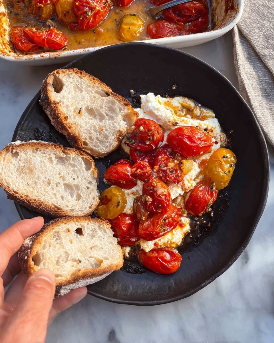 A black plate holds four slices of crusty light brown bread with a soft white crumb on the left side. On the right side, there is a serving of baked white cheese that looks soft and melted, mixed with roasted red and yellow cherry tomatoes, some of which are slightly charred. A woman's hand is holding the edge of the plate over a white marbled surface, and in the background, there is a white dish filled with more of the baked cheese and tomatoes. Photo taken with an iphone --ar 4:5 --v 7