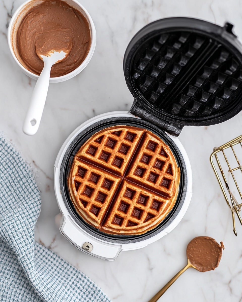 A single round waffle with a golden brown color and a grid texture is inside an open waffle maker with black cooking plates and a white outer shell. Beside the waffle maker, there's a blue and white checkered cloth on a white marbled surface. At the top left, a white container holds brown batter with a white spatula inside. At the bottom right, a brass spoon with brown batter sits on the white marbled surface. A metal cooling rack is partially visible in the top right corner. Photo taken with an iphone --ar 4:5 --v 7