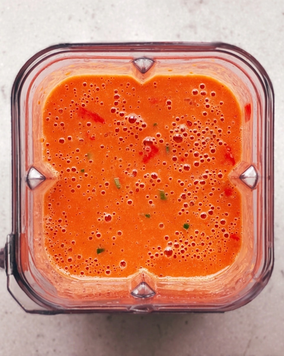 A top-down view of a blender container filled with a smooth, bright orange-red mixture with small bubbles and tiny bits of green and red ingredients visible throughout. The blender is clear plastic, sitting on a white marbled surface, and the mixture inside has an even texture with small chunks and bubbles spread evenly across the top. Photo taken with an iphone --ar 4:5 --v 7