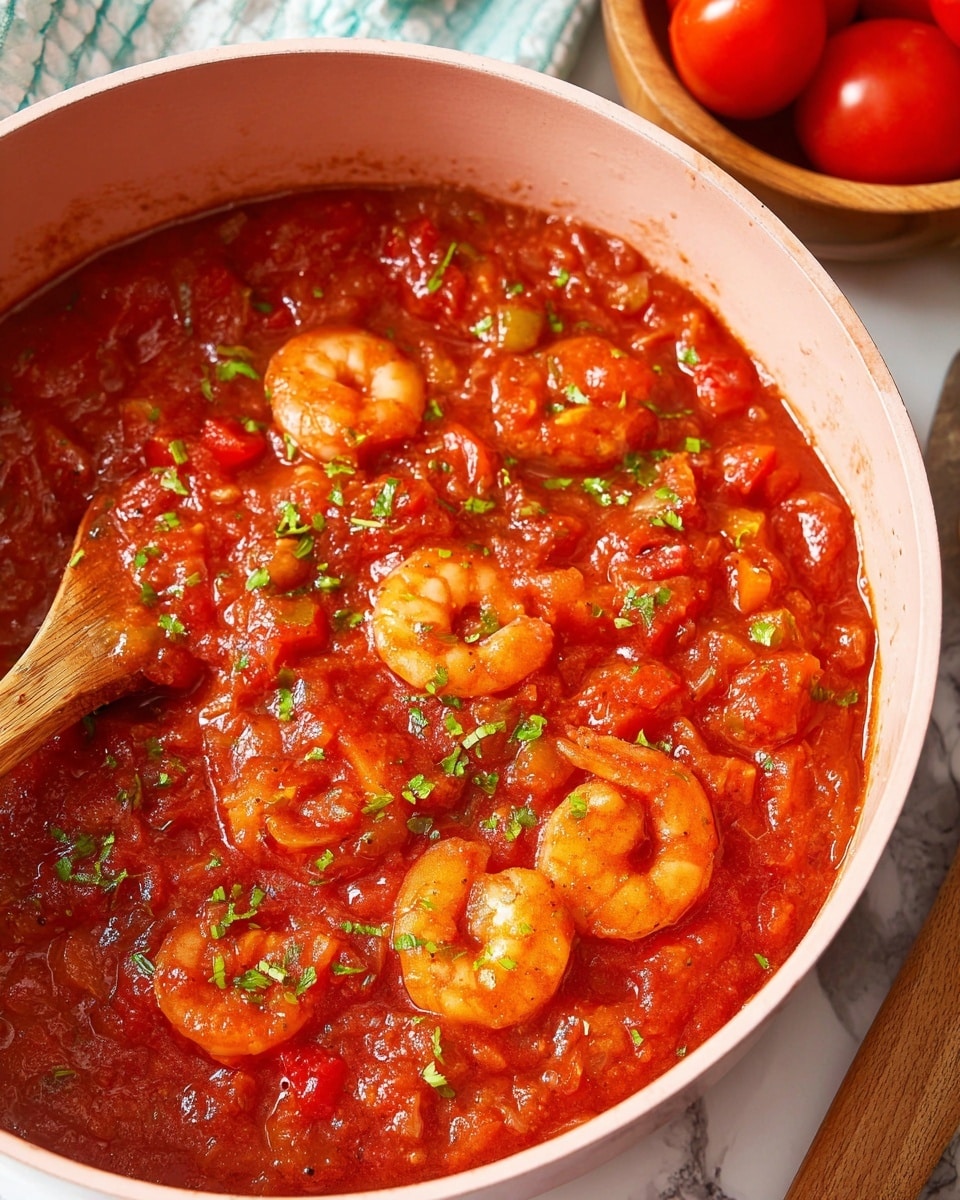 A close-up view of a light pink pot filled with a thick red tomato sauce that has visible chunks of tomatoes and diced vegetables. There are several orange shrimp curled and partially submerged in the sauce. Small green chopped herbs are sprinkled on top, adding a fresh touch to the rich sauce. The pot sits on a white marbled surface, and bright red tomatoes in a wooden bowl are blurred in the background. Photo taken with an iphone --ar 4:5 --v 7