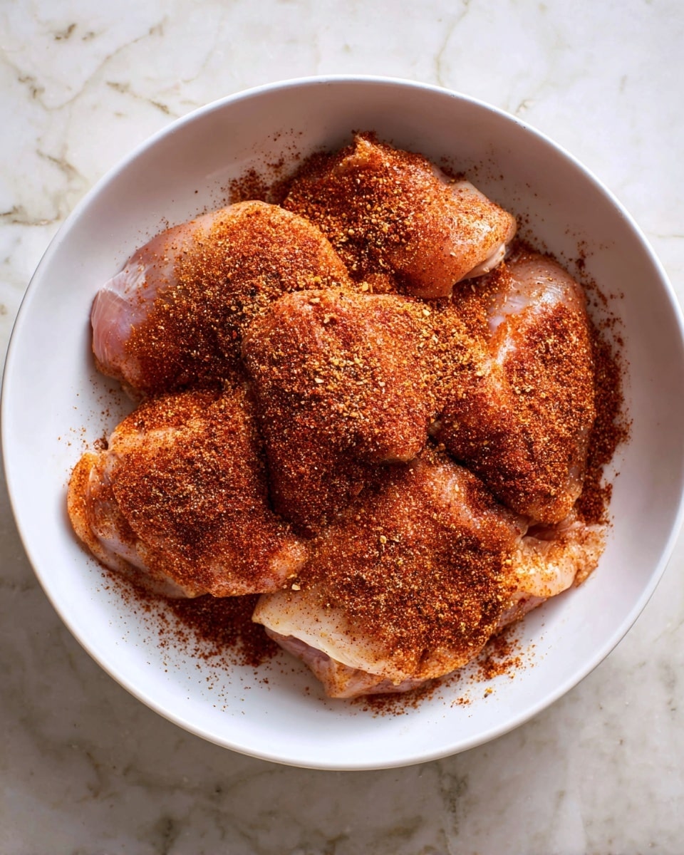 A white bowl holds several pieces of raw chicken layered loosely on top of each other, each piece covered with a thick coating of reddish-brown dry spice mix with a coarse, crumbly texture. The spices are sprinkled unevenly, some falling into the spaces between the chicken pieces, and the bowl sits on a white marbled surface. Photo taken with an iphone --ar 4:5 --v 7