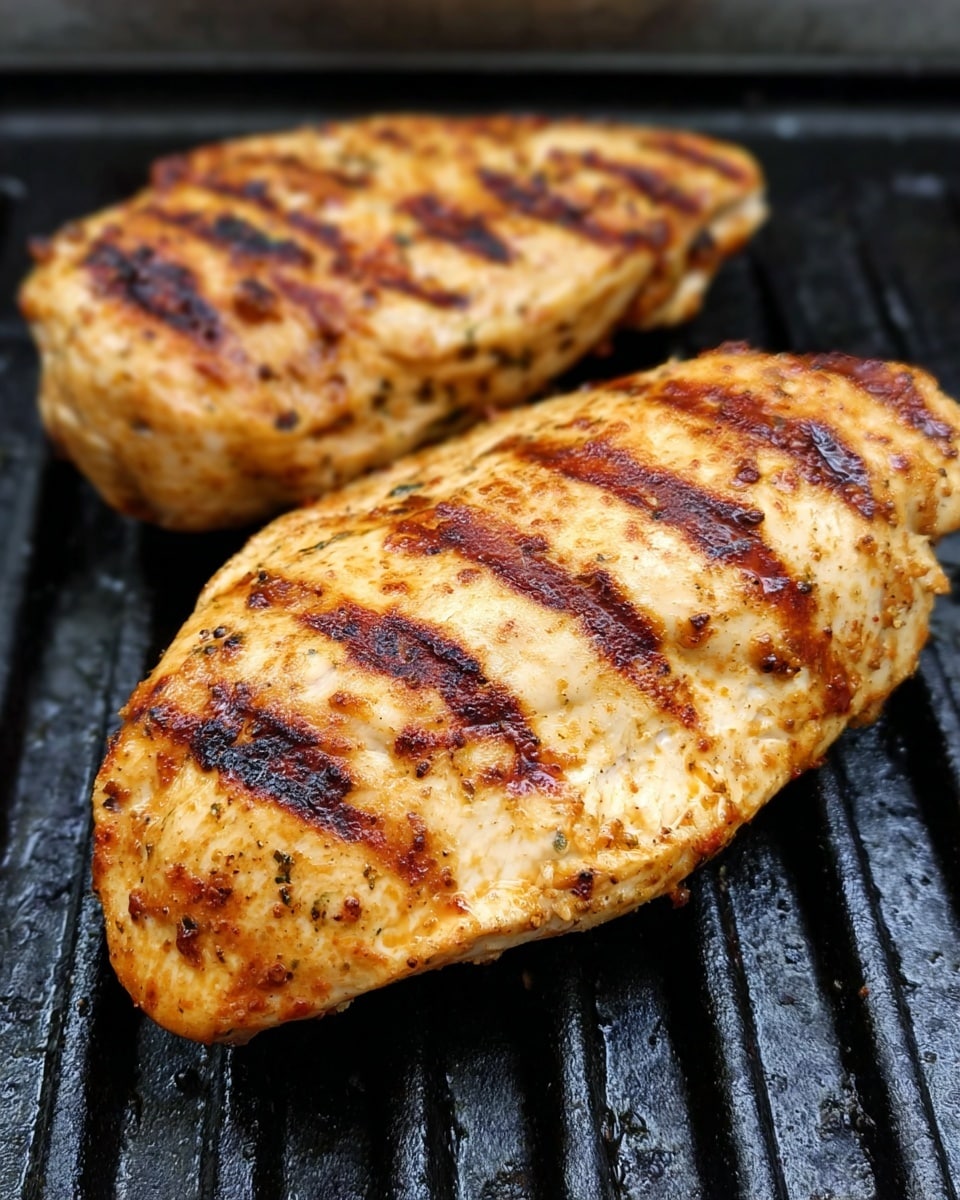 Two grilled chicken pieces are shown close up on a black grill, each piece having three dark brown char lines across their golden brown, slightly textured surface with some darker spots from grilling. The chicken pieces are thick and plump, taking up most of the frame, with the grill bars visible underneath on a white marbled surface. photo taken with an iphone --ar 4:5 --v 7