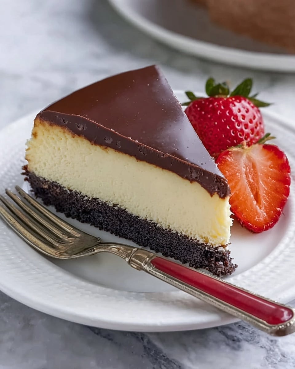 A slice of cheesecake with three clear layers sits on a white plate with a small fork with a red handle beside it. The bottom layer is dark, crumbly, and thin, followed by a thick, creamy, pale yellow middle layer. The top layer is a smooth, glossy chocolate covering that finishes the slice. Next to the cheesecake are two fresh strawberries, one whole and one sliced in half, showing the bright red color and juicy texture. The scene rests on a white marbled surface. photo taken with an iphone --ar 4:5 --v 7
