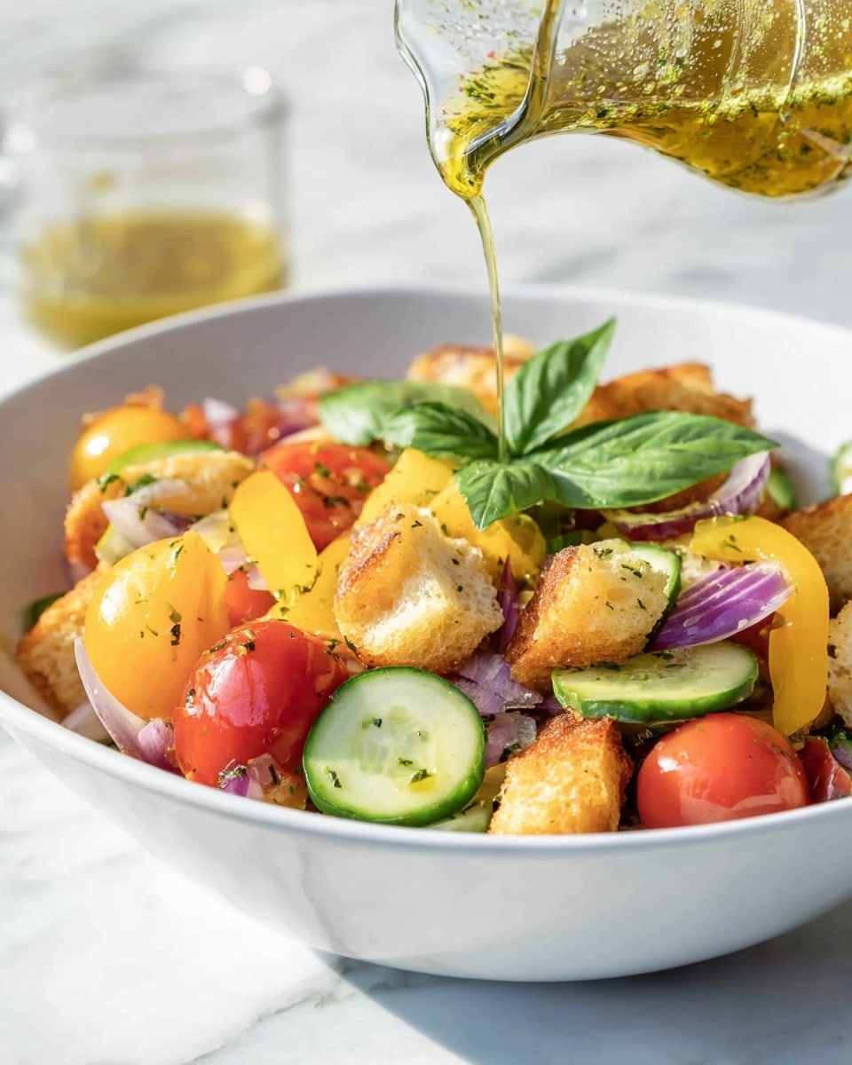 A white bowl filled with a colorful salad that has three main layers: the bottom layer is made of round red cherry tomatoes and sliced green cucumbers; the middle layer includes yellow bell pepper pieces and purple onion slices; the top layer has golden brown fried bread pieces, scattered green herbs, and a bright green basil leaf in the center. Above the bowl, a small glass pitcher pours a light yellow dressing with herbs over the salad, with drops mid-air. The bowl sits on a white marbled surface in soft daylight. photo taken with an iphone --ar 4:5 --v 7