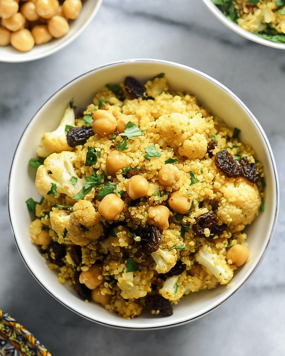 A white bowl filled with a layered mixture of cooked quinoa, golden chickpeas, roasted cauliflower florets, dark raisins, and chopped green herbs. The quinoa is light yellow and small-grained, forming the base layer mixed evenly with the chickpeas, which are round and pale. The roasted cauliflower pieces add light brown and creamy white tones with a slightly crispy texture. Dark raisins and bright green chopped herbs are spread throughout, giving specks of contrast and freshness. The bowl is placed on a white marbled surface, with parts of two other white bowls blurred in the background. Photo taken with an iphone --ar 4:5 --v 7