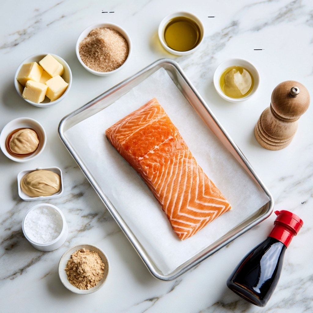 A piece of bright orange salmon with white lines rests on white parchment paper inside a silver baking tray placed on a white marbled surface. Around it, there are small white bowls and dishes holding various ingredients: a bowl with pale yellow butter cubes, another with light brown sugar, one with golden olive oil, a small dish of beige honey mustard, and a white container with white salt and pepper. There is also a small bowl with light brown ginger powder and a bottle of dark soy sauce with a red cap. A wooden pepper grinder is also present. Each ingredient is spaced neatly and labeled with black text above them. The setting looks clean and bright, ready for cooking. photo taken with an iphone --ar 4:5 --v 7