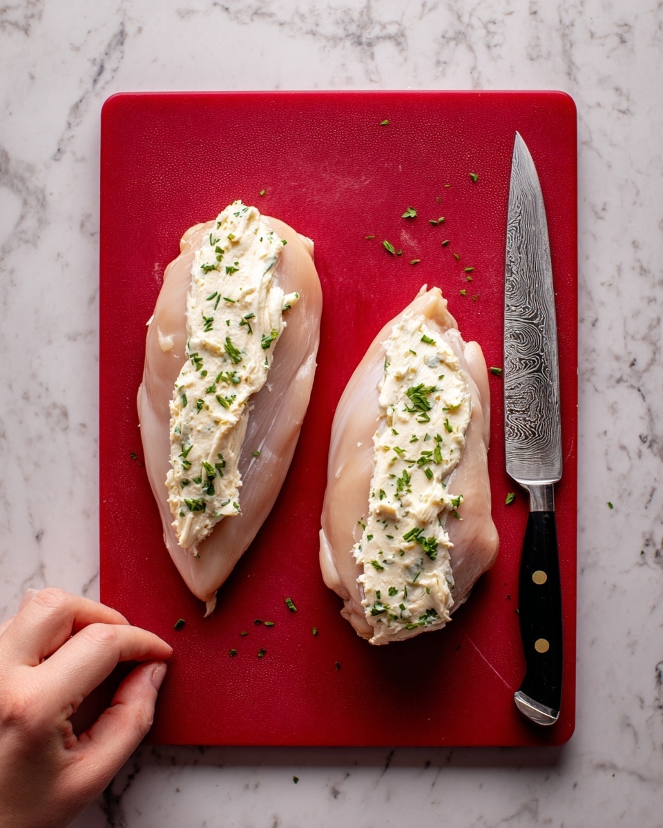 Two raw chicken pieces lay flat on a red cutting board placed on a white marbled surface. Each chicken piece has a layer of white creamy filling spread along the center, sprinkled with small green herb bits, likely parsley. To the right of the chicken is a large, decorative silver knife with a black handle. A woman's hand is barely visible at the bottom left corner, gently holding the cutting board. photo taken with an iphone --ar 4:5 --v 7