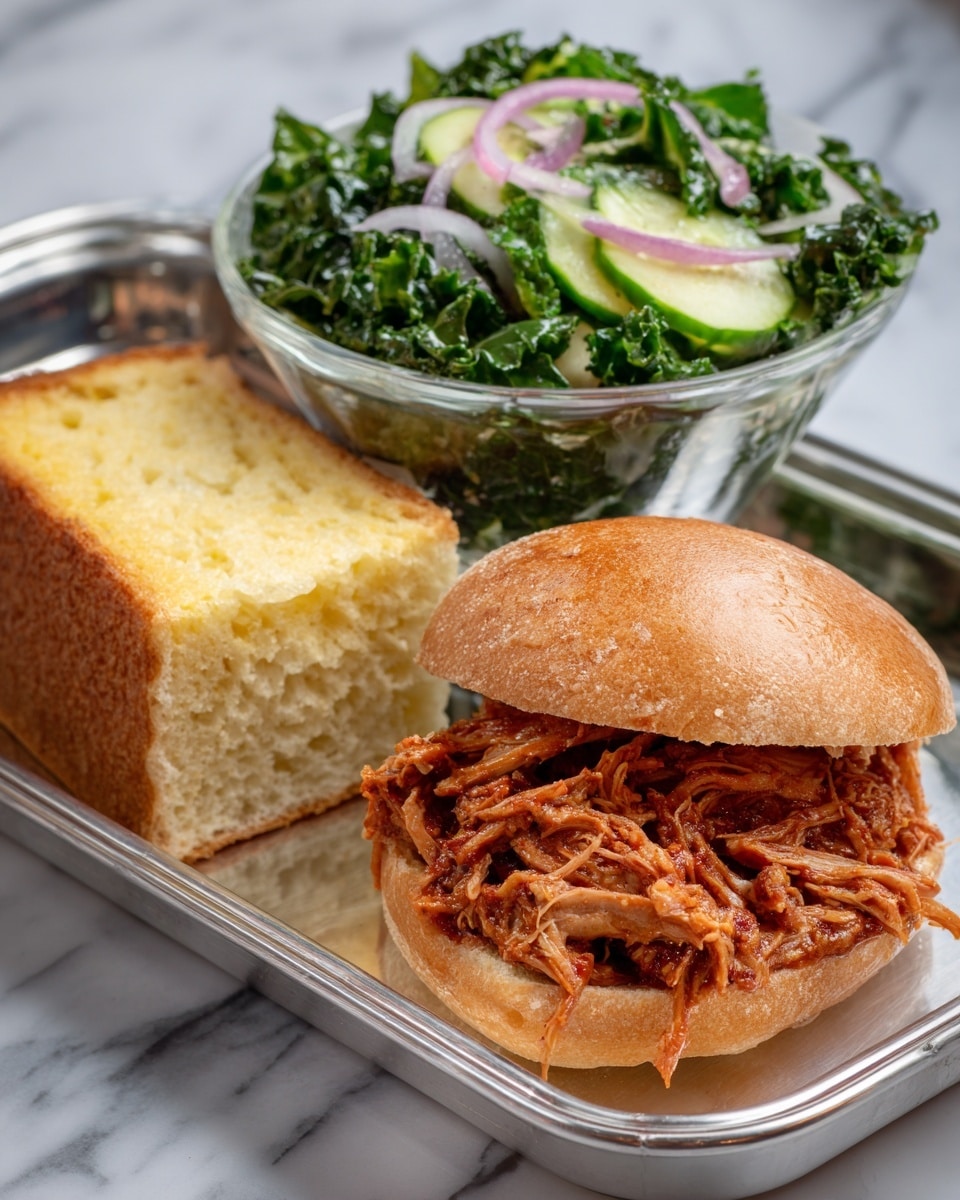 The image shows a pulled meat sandwich partly open to reveal shredded, reddish-brown meat inside on a soft, light golden bun. To the left of the sandwich is a thick piece of toasted bread with a golden crust and a soft, yellow inside. Above the sandwich, there is a small clear glass bowl filled with a fresh, green kale salad that includes thin slices of purple-red onion and pale green zucchini strips, all mixed together with a slightly glossy texture. The whole food arrangement sits on a silver tray with a white marbled surface beneath it. Photo taken with an iphone --ar 4:5 --v 7