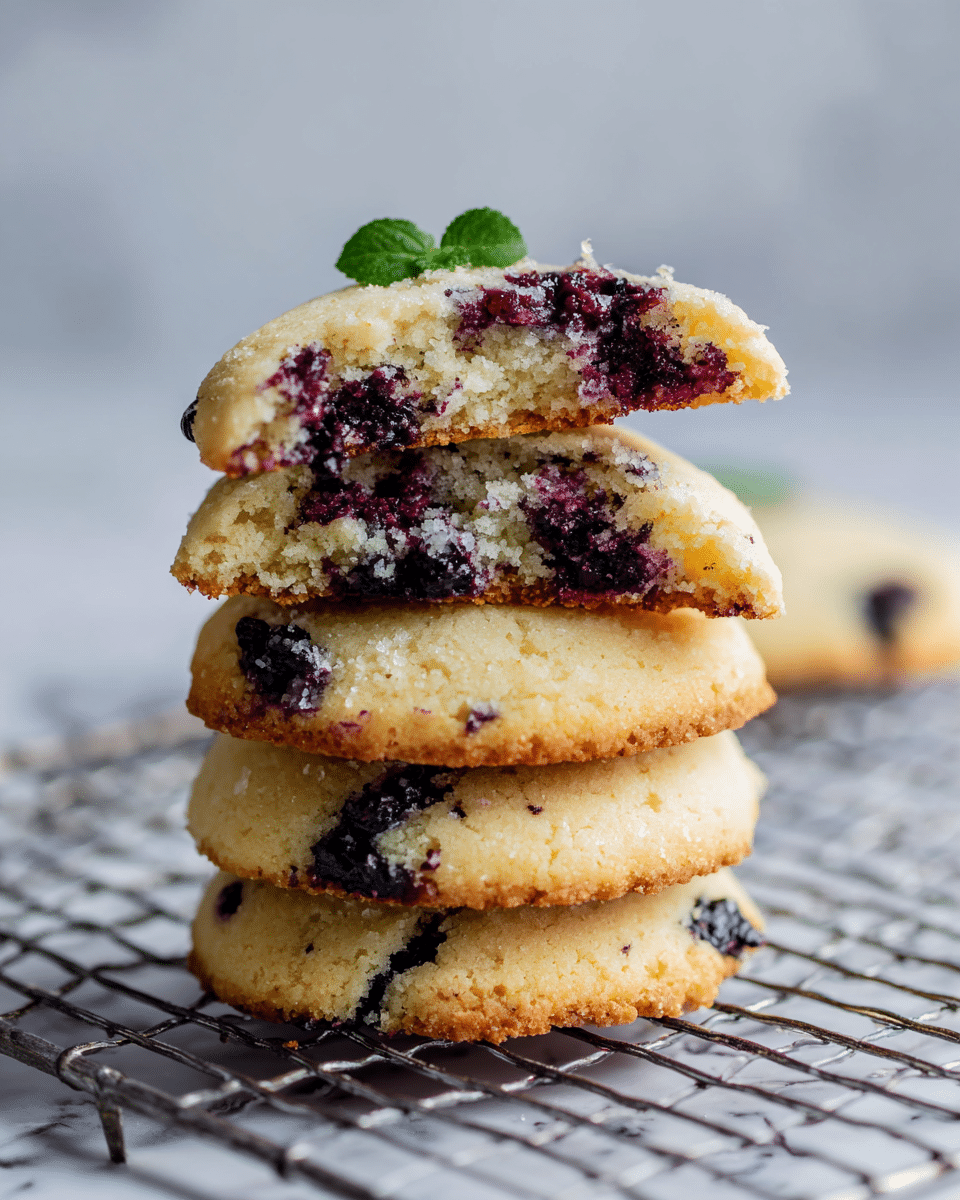 A stack of four soft cookies with visible dark purple berry pieces inside, placed on a metal cooling rack on a white marbled surface; the top cookie is broken in half to reveal a light, crumbly inside with a small green leaf on top, adding a fresh touch. photo taken with an iphone --ar 4:5 --v 7