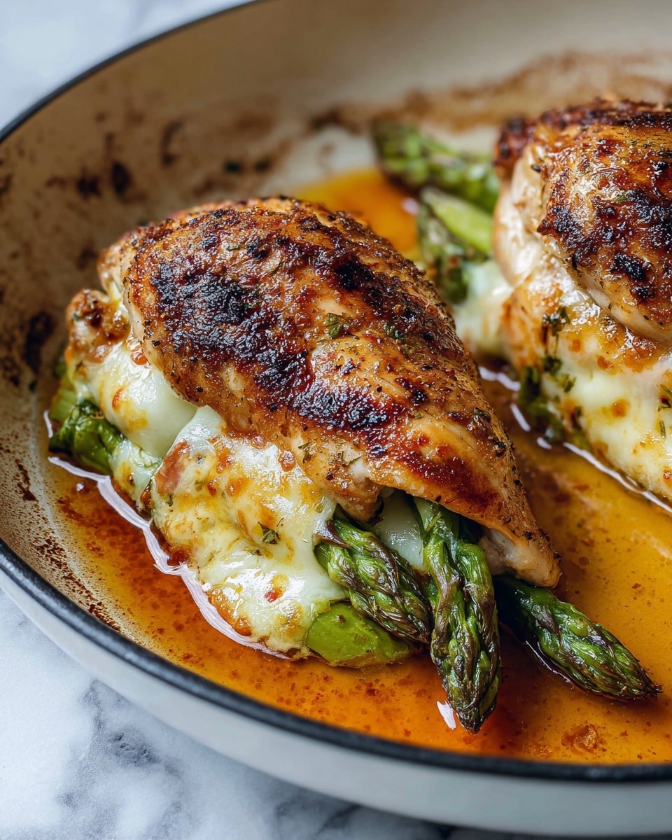 The dish shows two pieces of grilled chicken stuffed with melted white cheese and green asparagus spears, placed inside a white pan. Each piece of chicken has a browned, slightly crispy surface with dark grill marks and a juicy texture. The melted cheese peeks out from the inside edges, soft and creamy, while the bright green asparagus tips stick out from the sides. The pan contains an orange-brown sauce or juices around the chicken, pooling slightly at the bottom. The background has a white marbled texture. Photo taken with an iphone --ar 4:5 --v 7