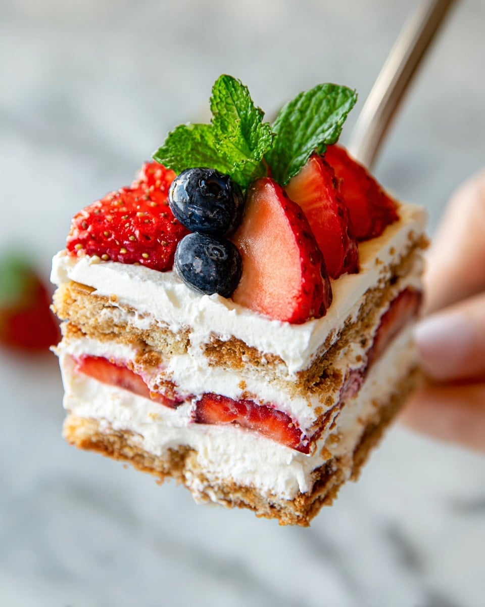 A close-up of a square layered dessert held by a woman's hand shows four layers of light brown crumbly biscuit with creamy white filling and thin slices of red strawberries between each biscuit layer. On top of the dessert, there is a smooth layer of white cream decorated with fresh blueberries, sliced strawberries, and a bright green mint leaf. The background features a white marbled texture. photo taken with an iphone --ar 4:5 --v 7