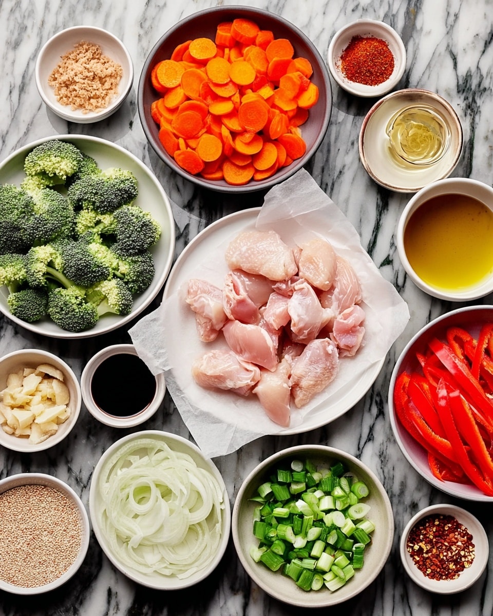 The image shows many small white bowls and plates arranged on a white marbled surface, each holding different fresh ingredients for cooking. The center holds a white plate with pieces of pale pink raw chicken on a sheet of white paper. Surrounding it, there are bright orange sliced carrots, green broccoli florets in a bowl, long red strips of bell pepper on a white plate, and thin white sliced onions in a bowl. There are also small bowls containing chopped garlic, minced ginger, sesame seeds, brown sugar, a dark soy sauce, a golden liquid likely oil, white powder, red pepper flakes, and a bowl with sliced green onions. The colors range from bright green, red, orange, pale pink, and white, showing a fresh and colorful mix of ingredients. Photo taken with an iphone --ar 4:5 --v 7