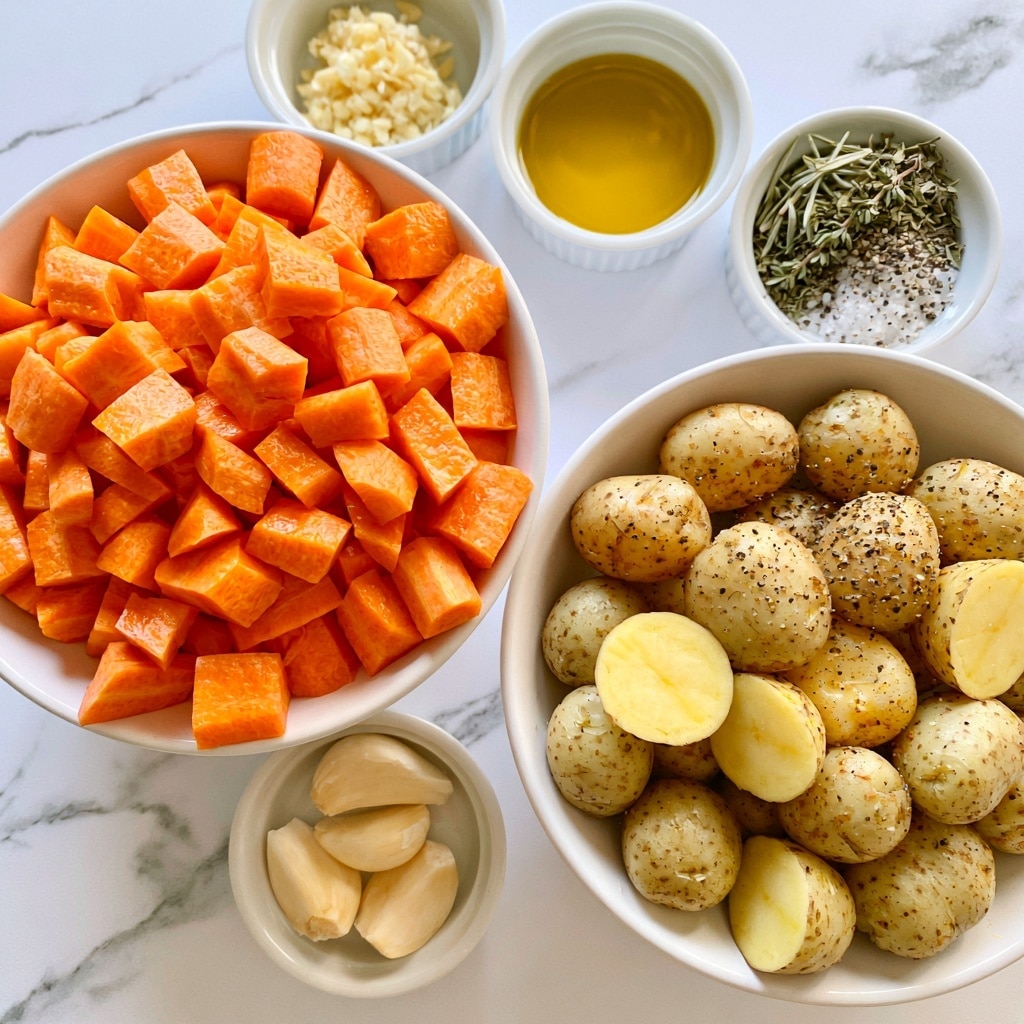 A top-down view of a white bowl filled with bright orange chopped carrots, placed near a white bowl with small whole baby potatoes, some sliced in half, showing their pale yellow inside. Around these bowls, there are smaller white dishes holding minced garlic, olive oil with a golden-yellow color, and a mix of dried rosemary, thyme, salt, and pepper. All the bowls are arranged neatly on a white marbled surface, creating a clean and fresh look. photo taken with an iphone --ar 4:5 --v 7